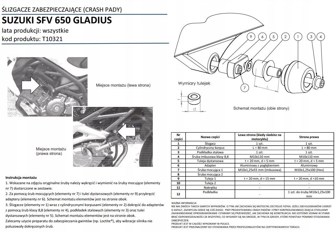 CRASH PADY RENNER SUZUKI SFV 650 GLADIUS Producent Renner