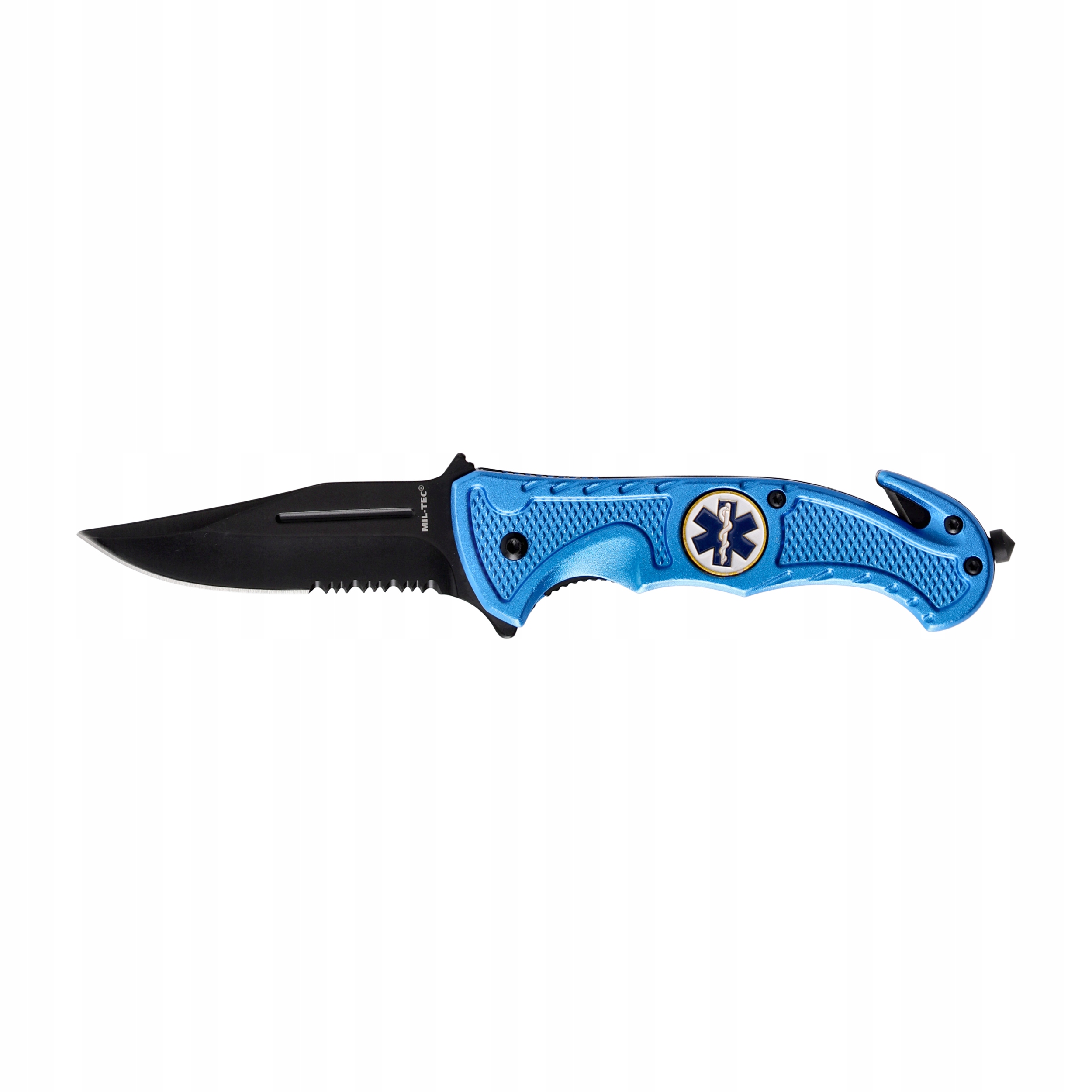 Nóż składany ratowniczy Drop-point Mil-Tec medyka Rescue Blue ze zbijakiem