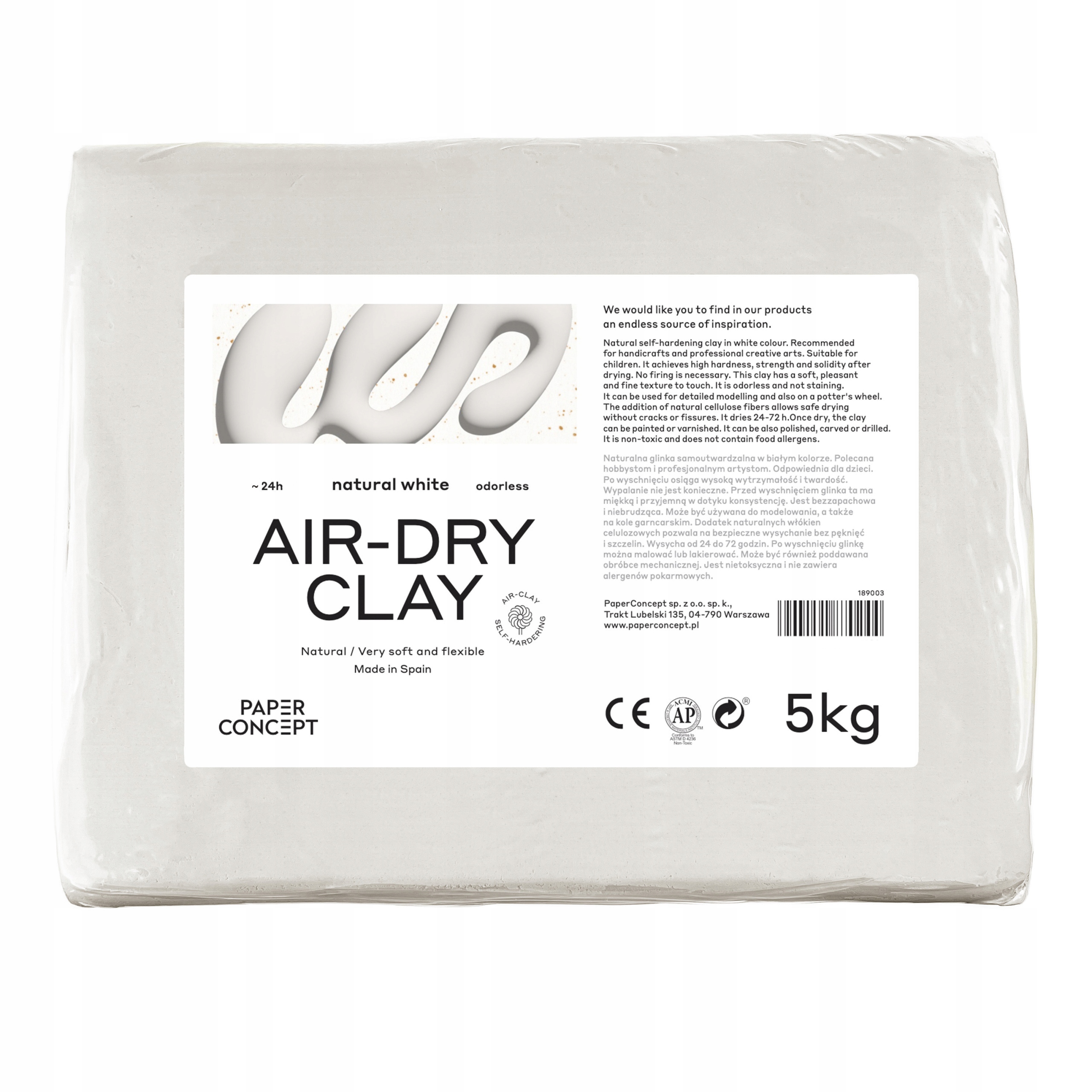 Samotvrdnoucí jíl Air-Dry Clay PaperConcept Natural White, 5 kg