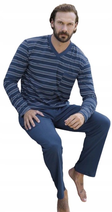 Modré Pyžamo Dlouhý Rukáv Dlouhé Kalhoty Výstřih Do V Pruhy M