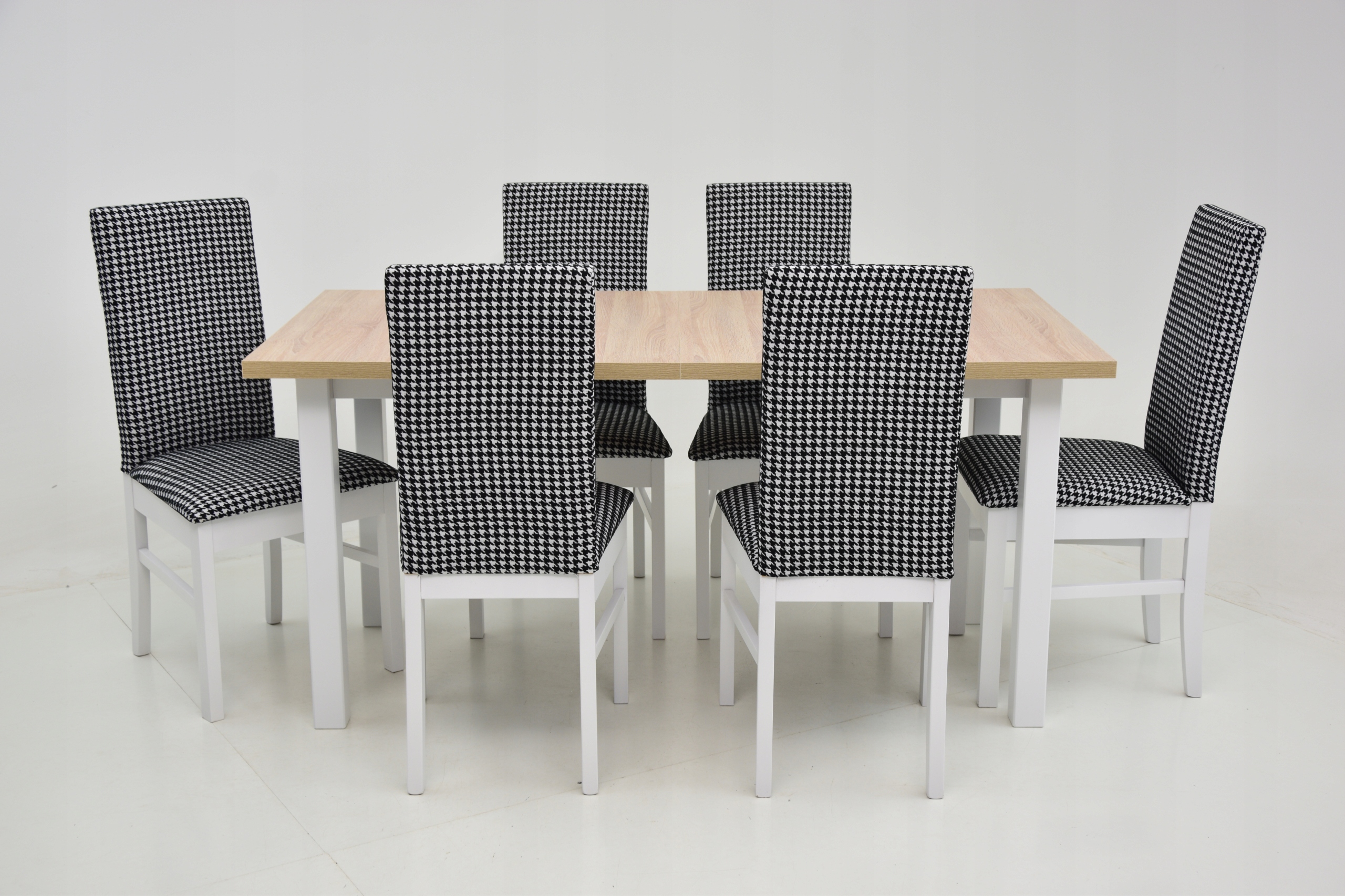 6 krzeseł TAPICEROWANE w kratkę + stół DĄB SONOMA Długość stołu 80 cm