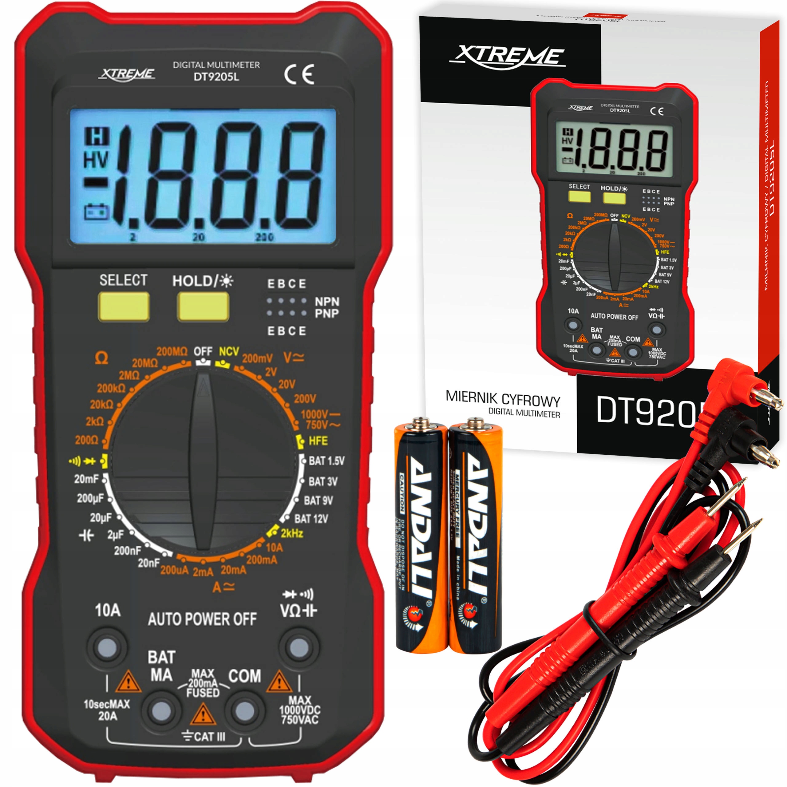 MULTIMETR MIERNIK CYFROWY RĘCZNY XTREME DT9205L TESTER PRĄDU NAPIĘCIA LCD