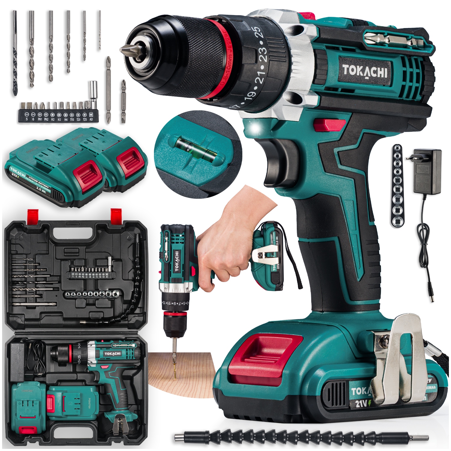 Wiertarko Wkrętarka Akumulatorowa Udarowa Wiertarka 21V Metalowa 2xAKU 2Ah