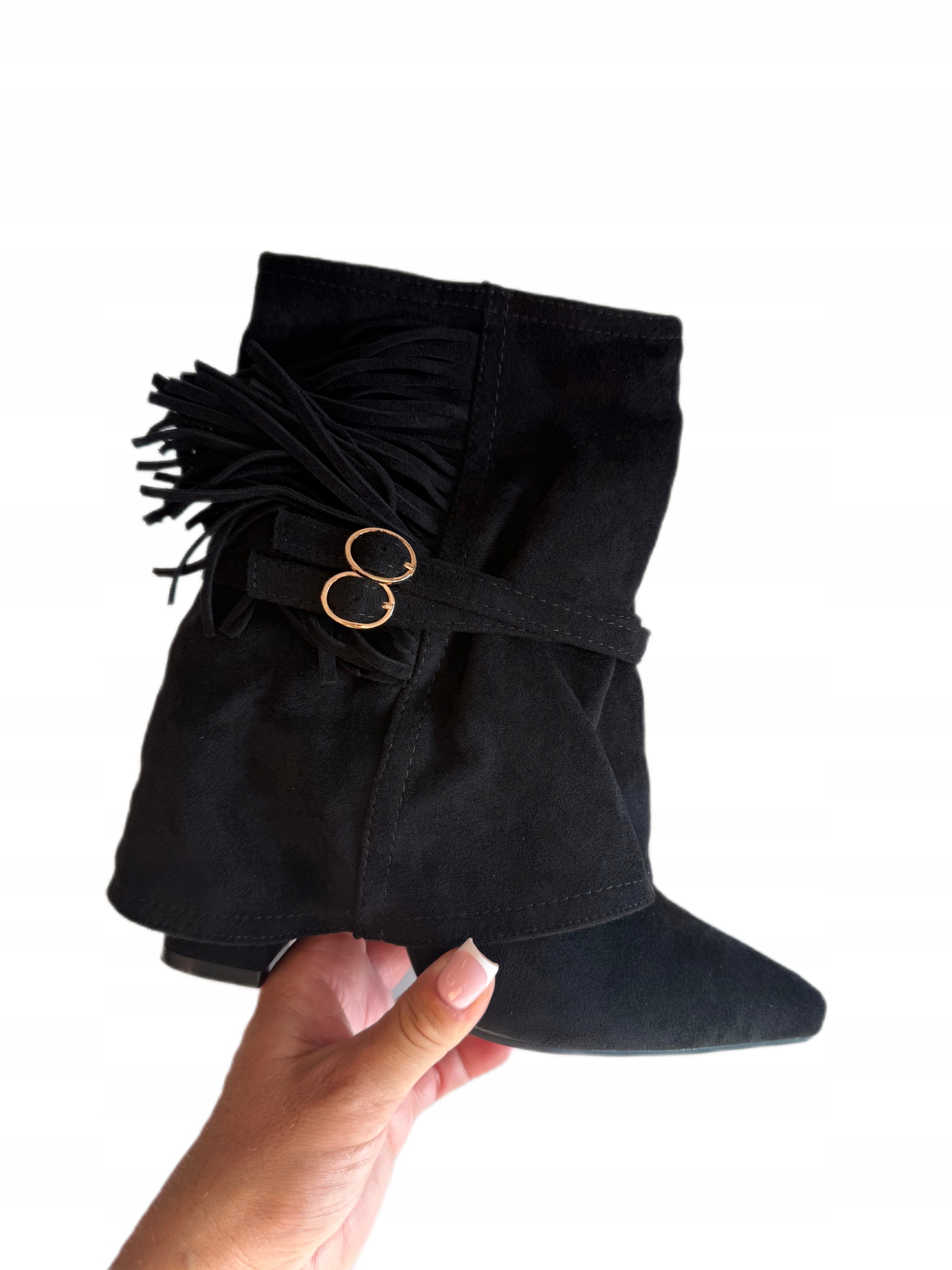 Kotníkové Boty na podpatku a špici s rolovacími střapci, velikost 41