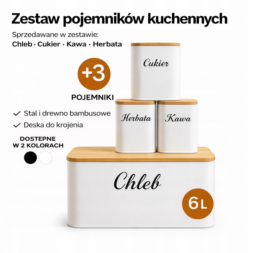 Premium Biały Zestaw Chlebak 3 Pojemniki Deska Bambusowa Pojemnik Pieczywo
