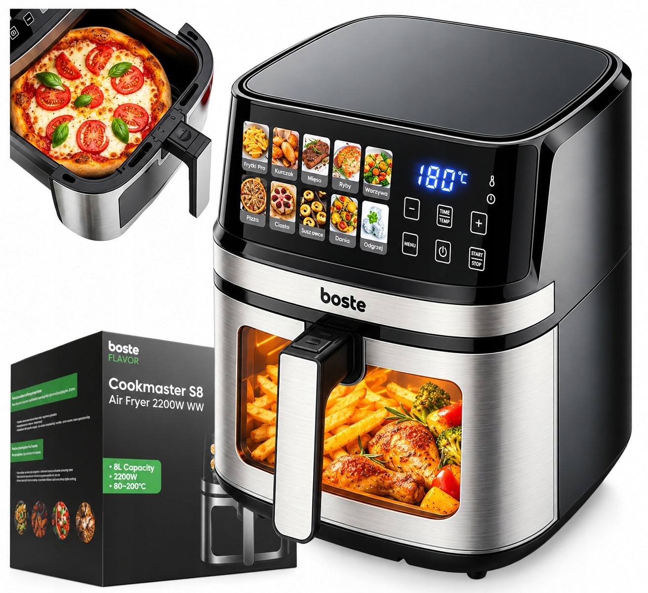Frytkownica Beztłuszczowa Airfryer 10 Programów Duży 8L 2200W 2 Grzałki
