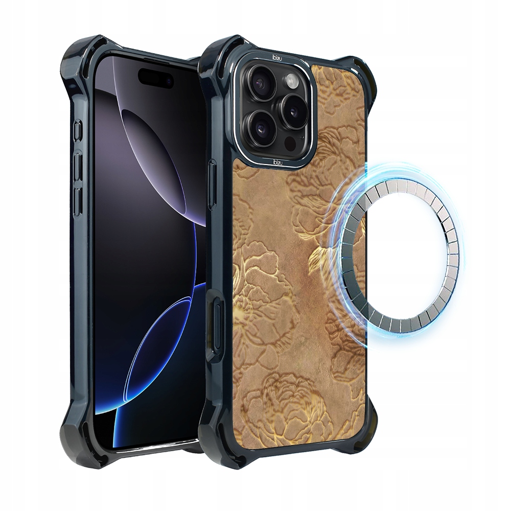 Pouzdro pro iPhone 16 Pro Ibizu DropGuard Ultra s MagSafe, zlaté pivoňky