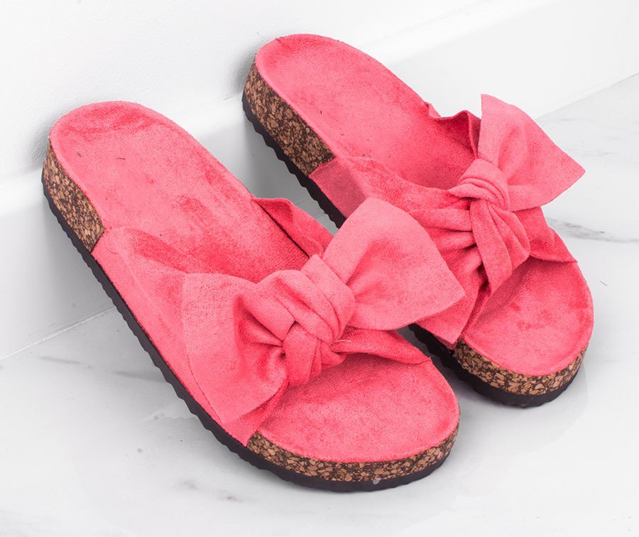 

Koralowe Zamszowe Klapki Z Kokardą Korek 38
