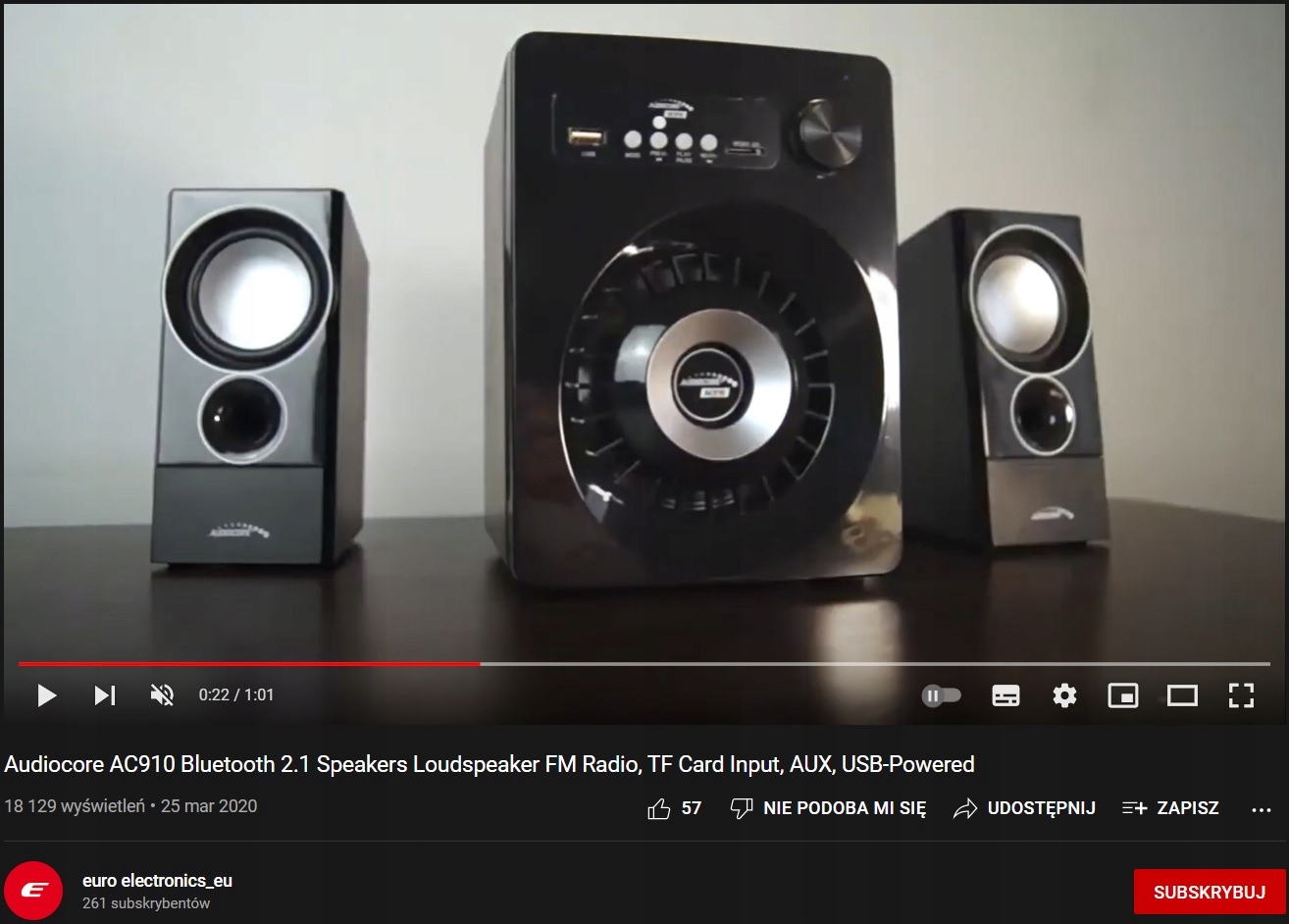 GŁOŚNIKI KOMPUTEROWE 2.1 280W Bluetooth USB SD FM JACK LED Audiocore AC910 Złącza czytnik kart pamięci USB typ A wejście minijack 3,5 mm