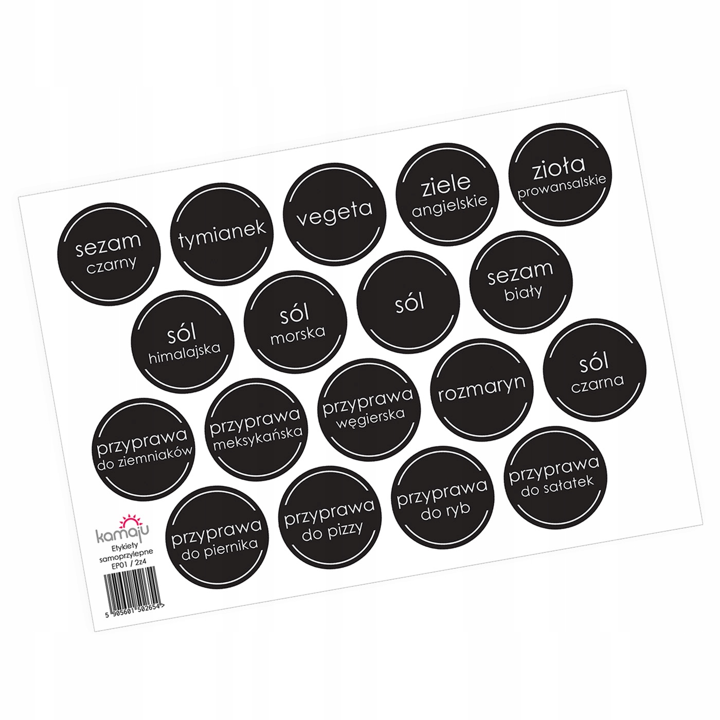 ETYKIETY SAMOPRZYLEPNE NA POJEMNIKI SŁOIKI PRZYPRAWY ZIOŁA 40mm FOLIA 72szt Stan opakowania oryginalne