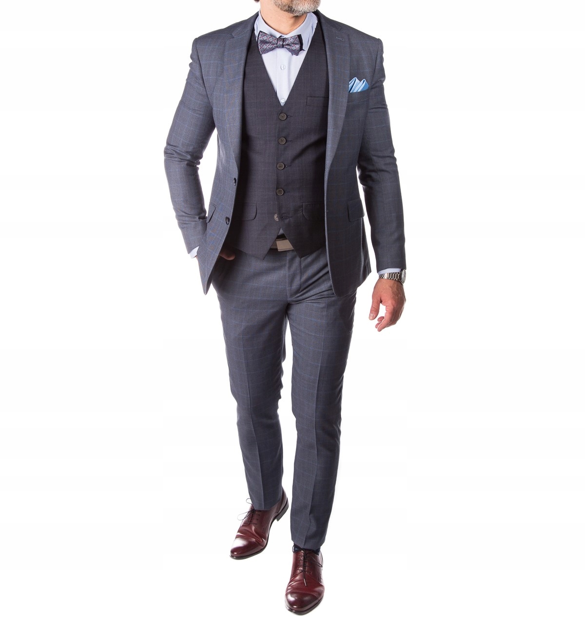 Pánský jednořadý šedý kostkovaný oblek Slim 182/100/86