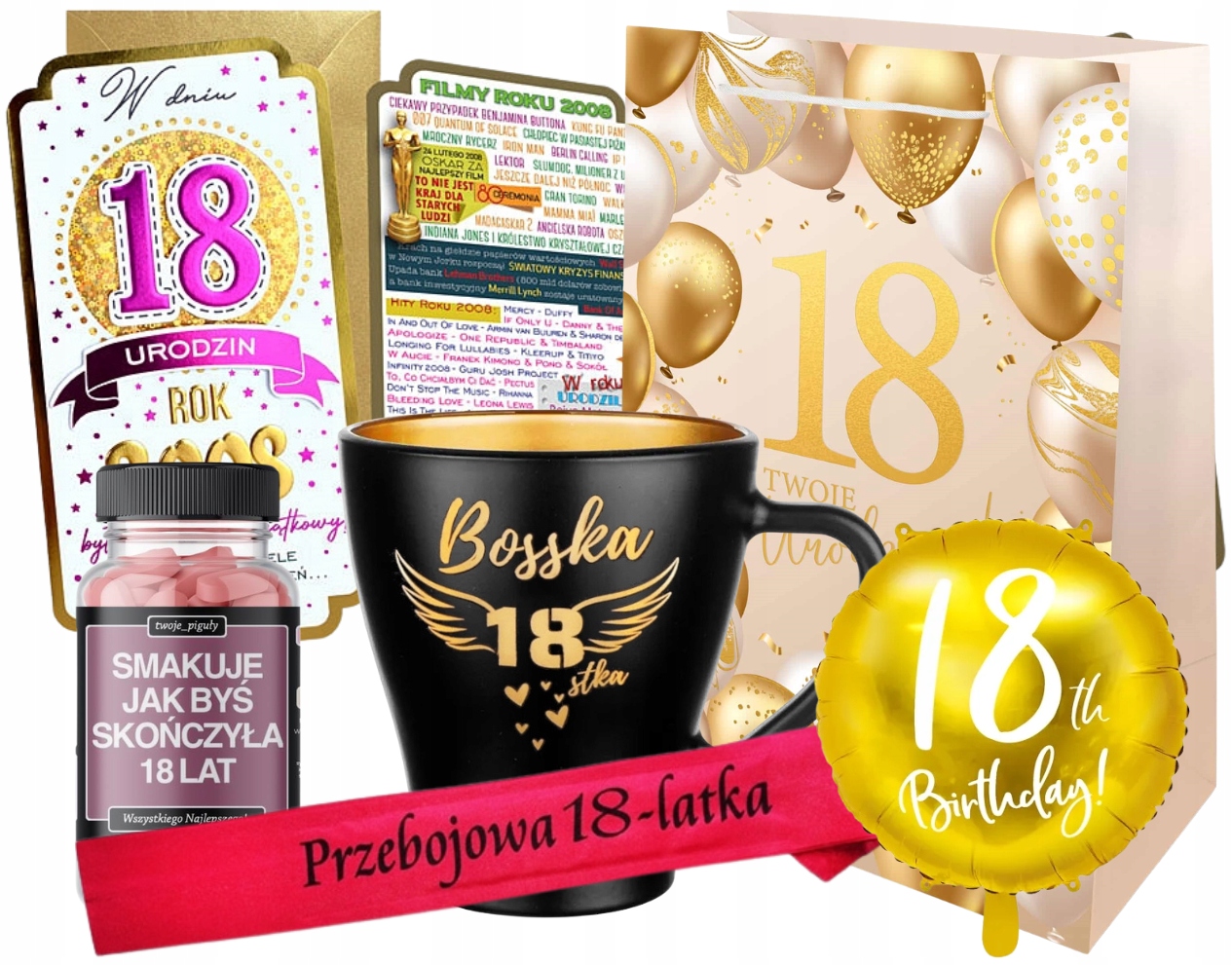 Sada k 18. narozeninám Ročník 2008 Balón, Přání, Šerpa, Taška, Gadget