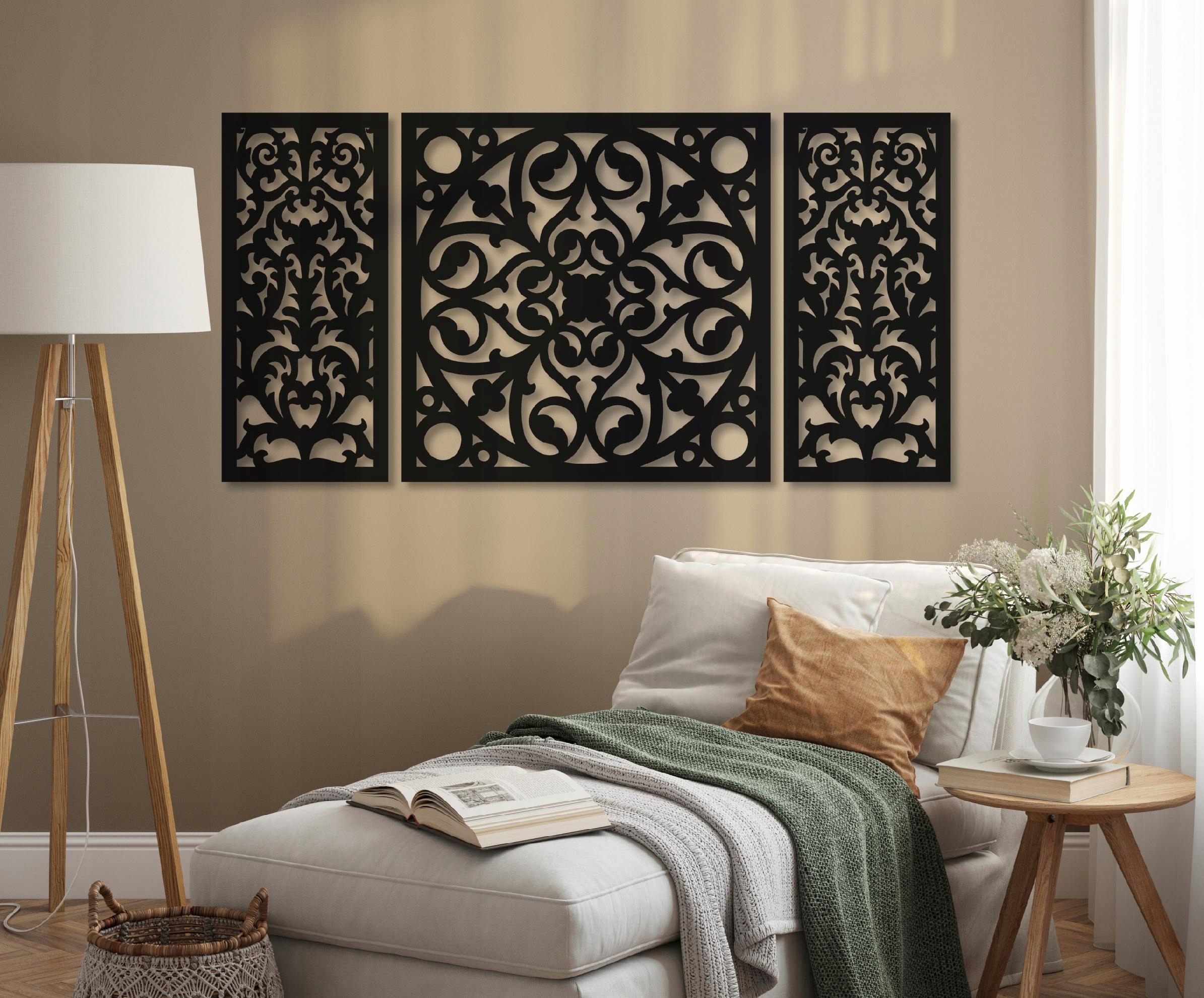 OBRAZ AŻUROWY MANDALA GEOMETRYCZNY DUŻY TRYPTYK DEKORACJA ŚCIENNA OZDOBA XL Materiał ramy drewno