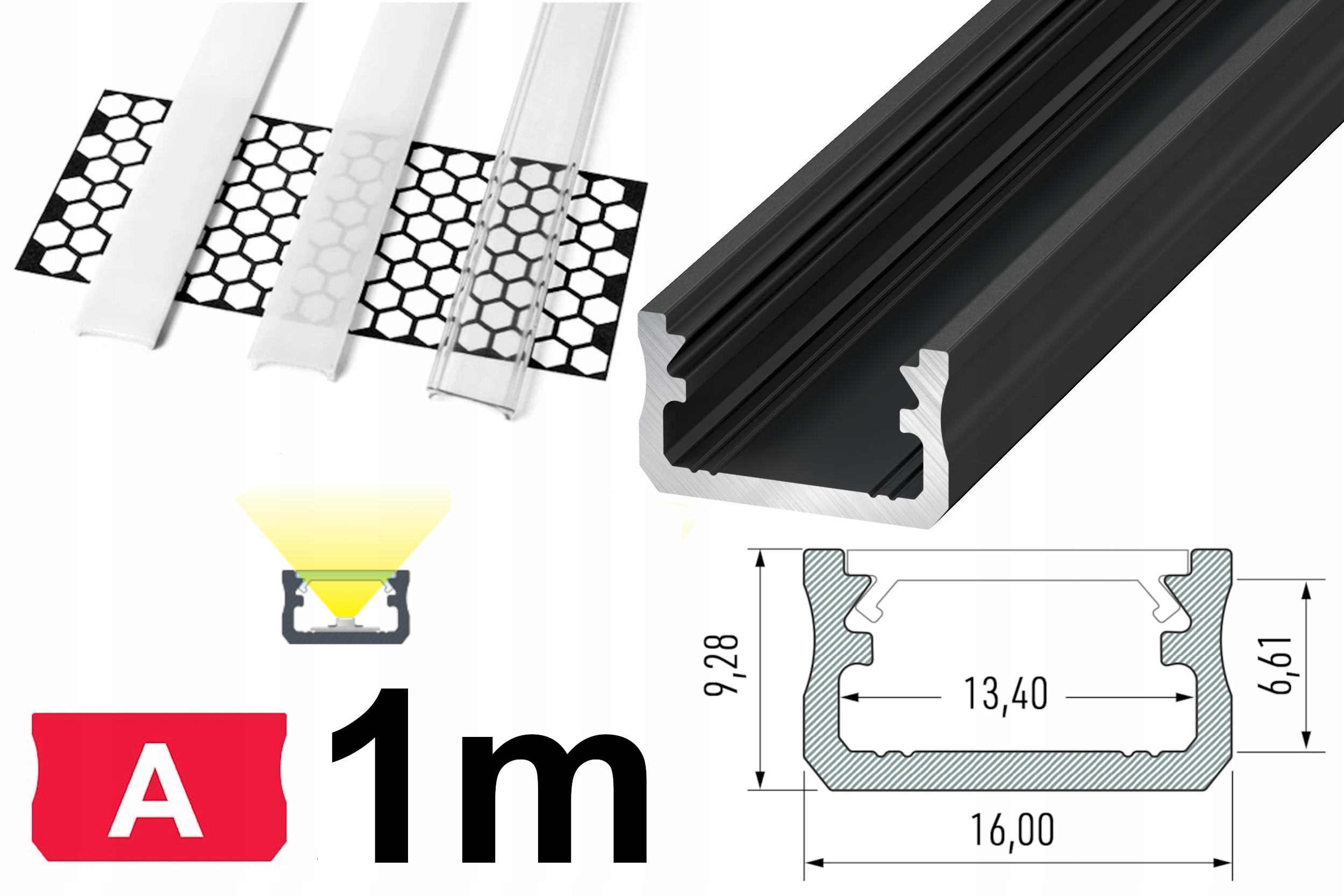 PROFIL DO TAŚM LED ALU TYP A CZARNY 1M + KLOSZ
