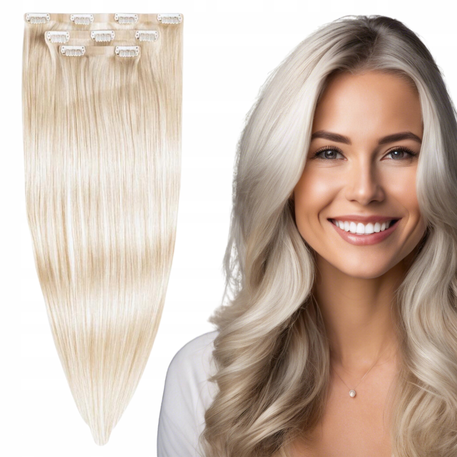 Bezšvové přírodní vlasové sponky Clip 50 cm 60 g #silver blond
