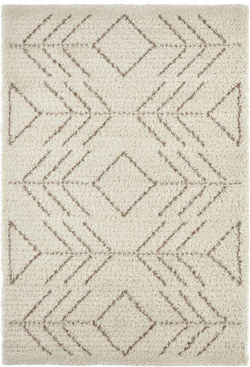 Krémově hnědý koberec do obývacího pokoje, silný koberec typu shaggy, vzor boho 80 x 150 cm