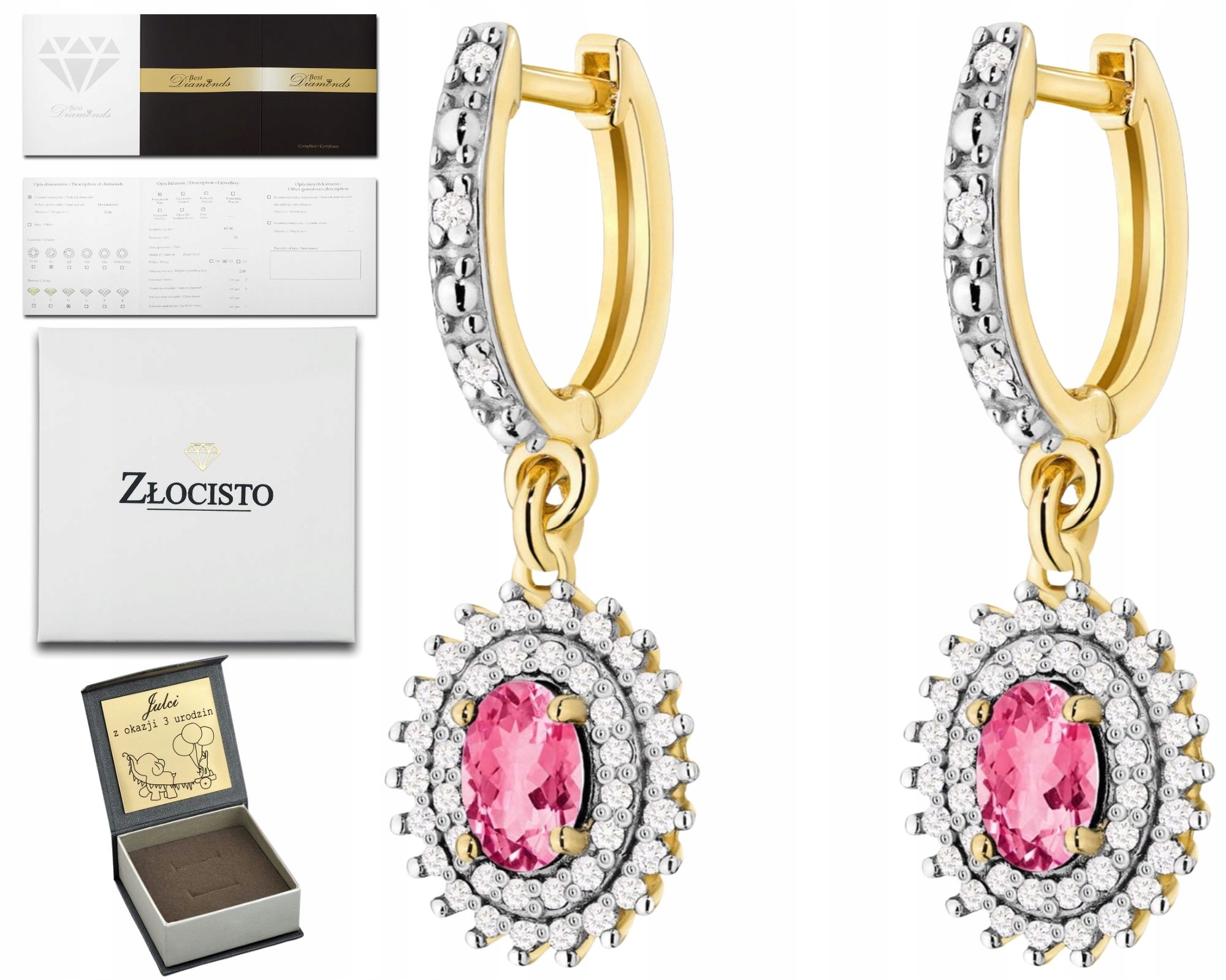 Zlaté Náušnice Přírodní Kámen Růžový Topaz Diamanty Zlato 585 14K Dárek