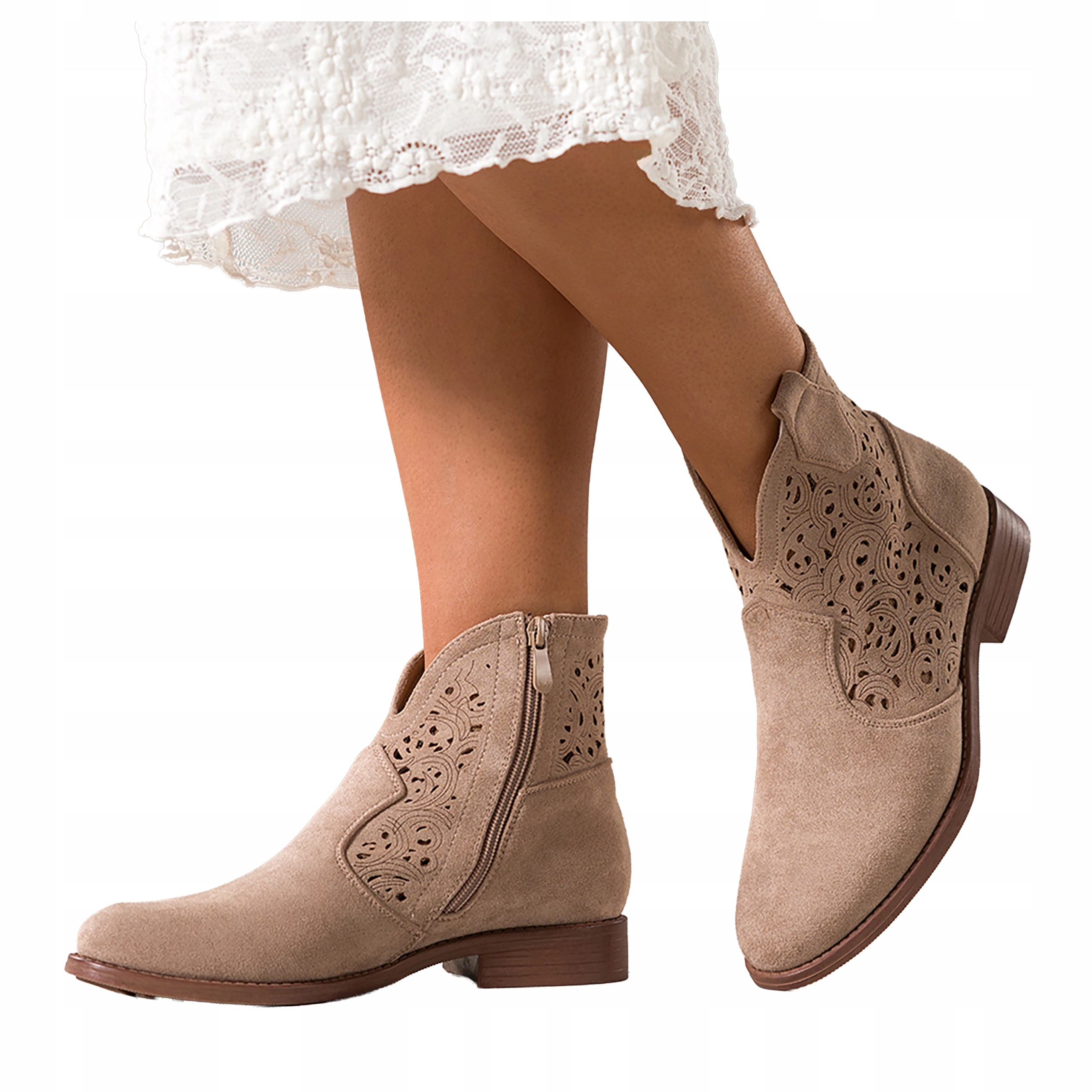 Kotníkové Boty Béžové Dámské Ploché Ažurové Svršek Pohodlné Semišové Módní vel. 38