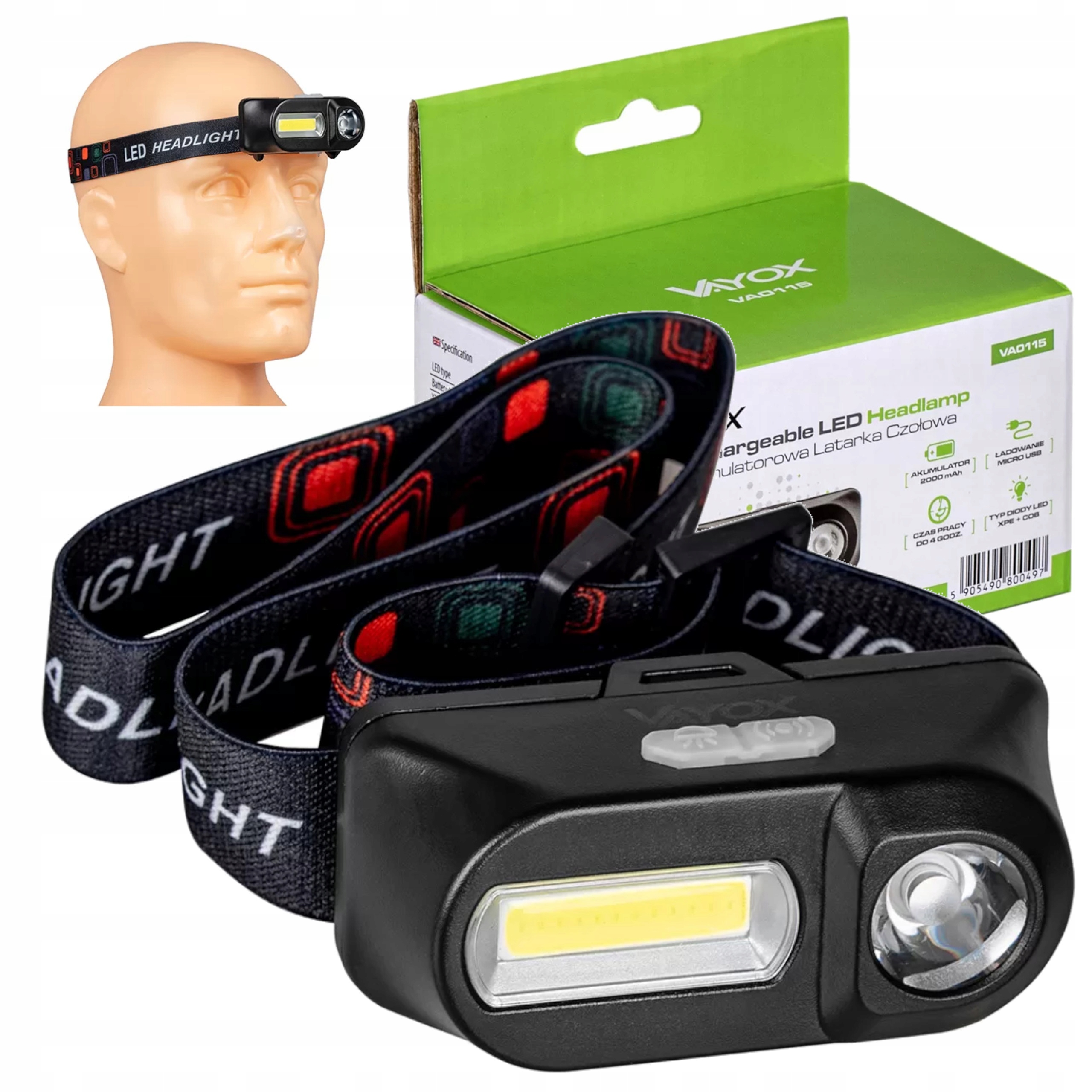 Latarka czołowa Led Cob 2w1 akumulator Usb lampka czołówka na głowę