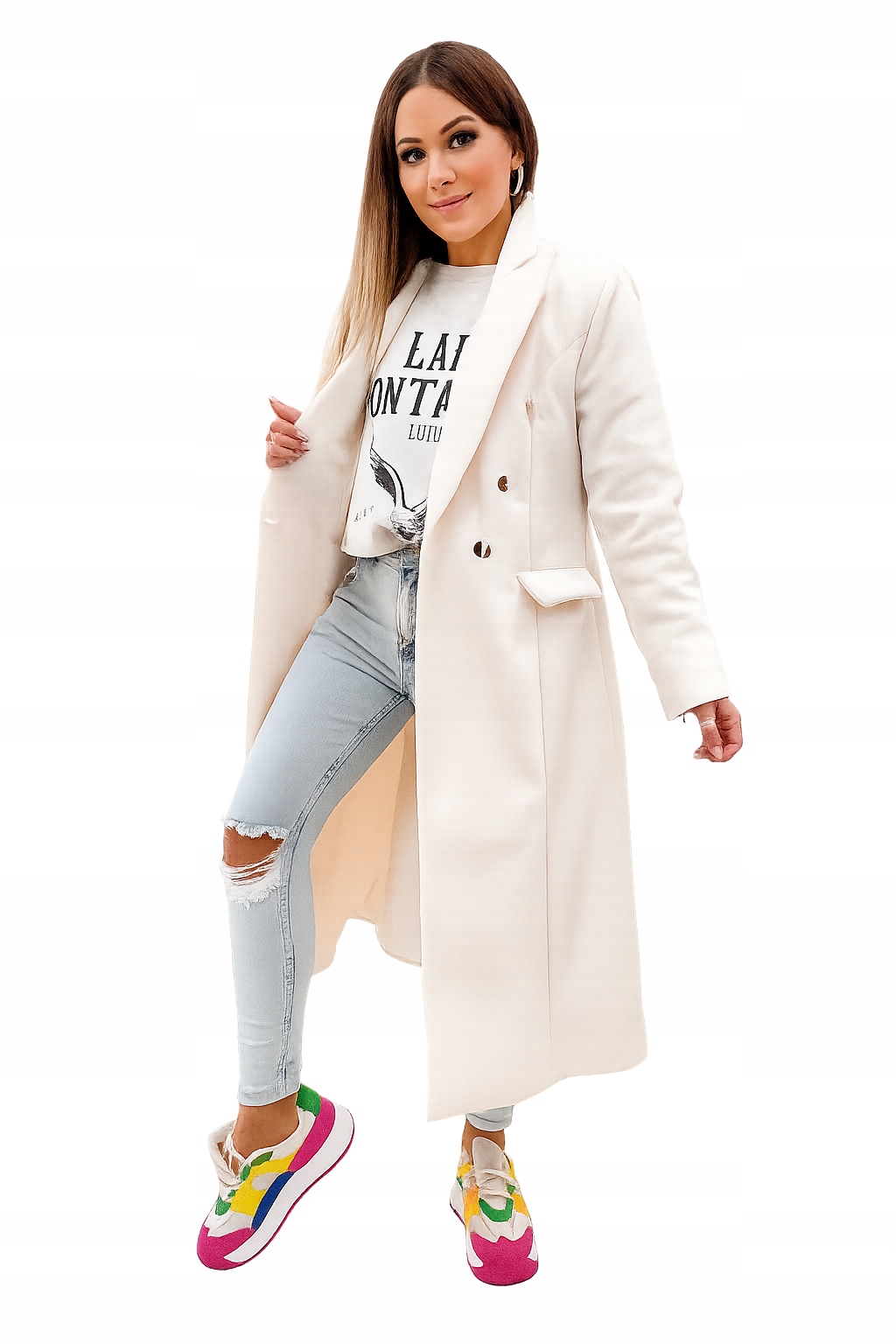 0008 Kabát – elegantní klasický střih, stylový a nadčasový – krémový