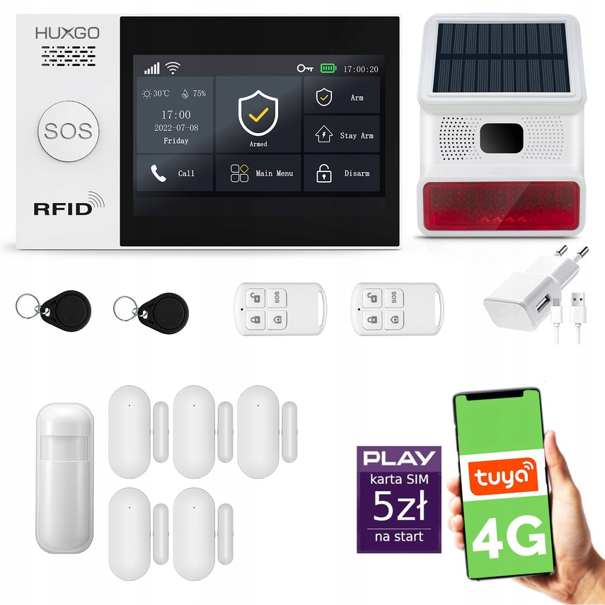 Alarm bezprzewodowy WiFi Gsm 4G, Tuya, zestaw alarmowy Huxgo HXA007 D5BS
