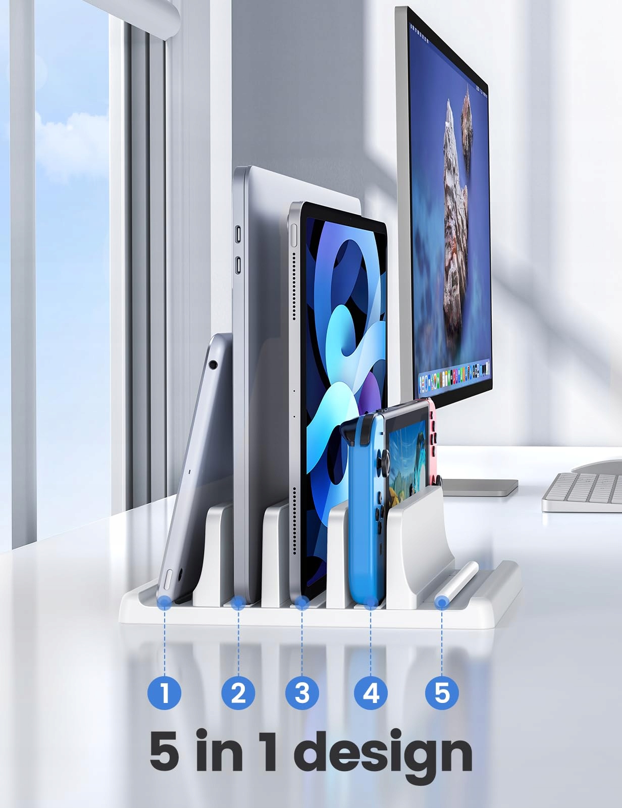 VAYDEER Stojak Na Laptop 3 Sloty ABS Regulowany Organizer Biurkowy Biały — miniatura 2