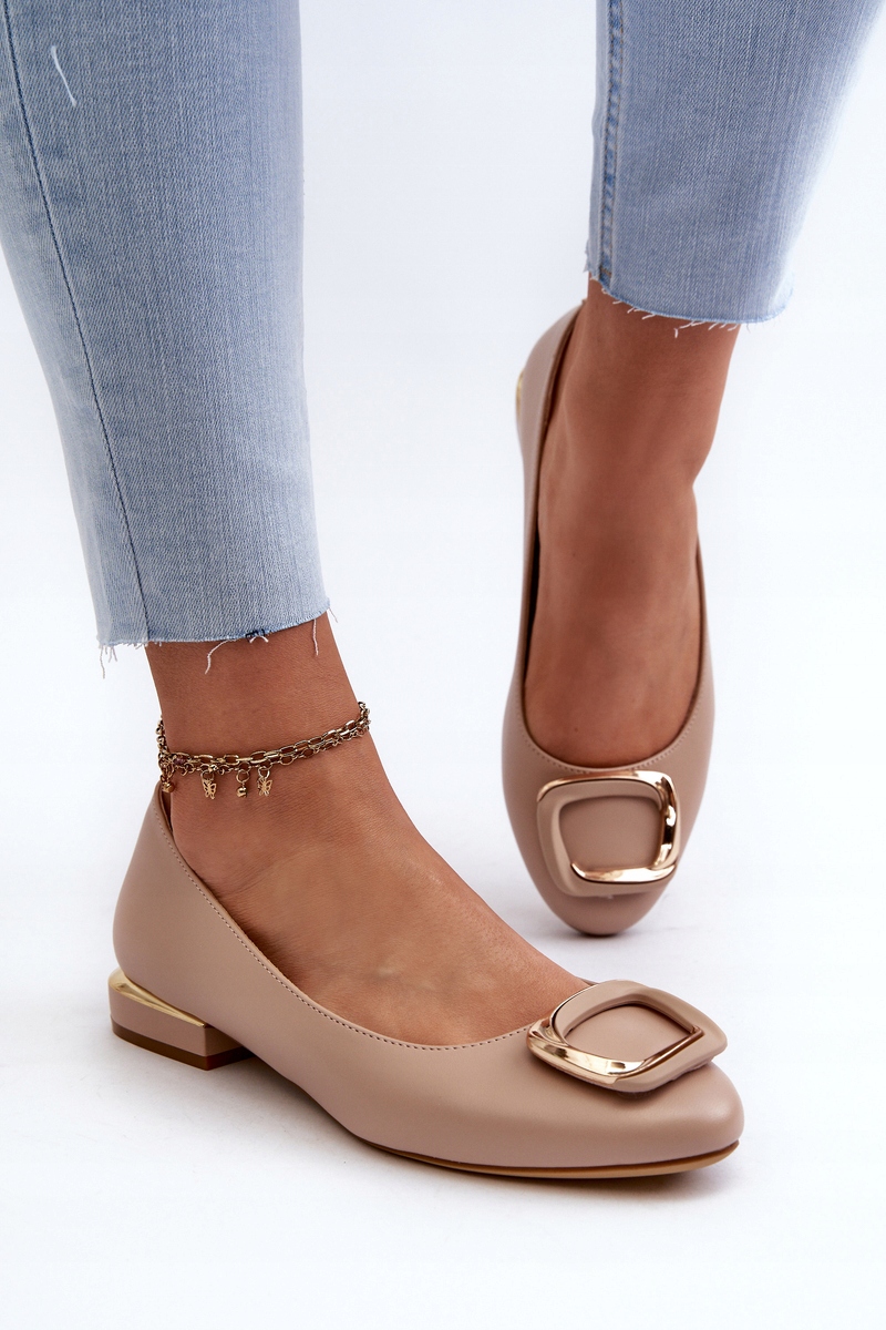 BEŻOWE BALERINY ZE ZŁOTĄ OZDOBĄ NA PŁASKIM OBCASIE SERGIO LEONE BL203 R.40 Rozmiar 40