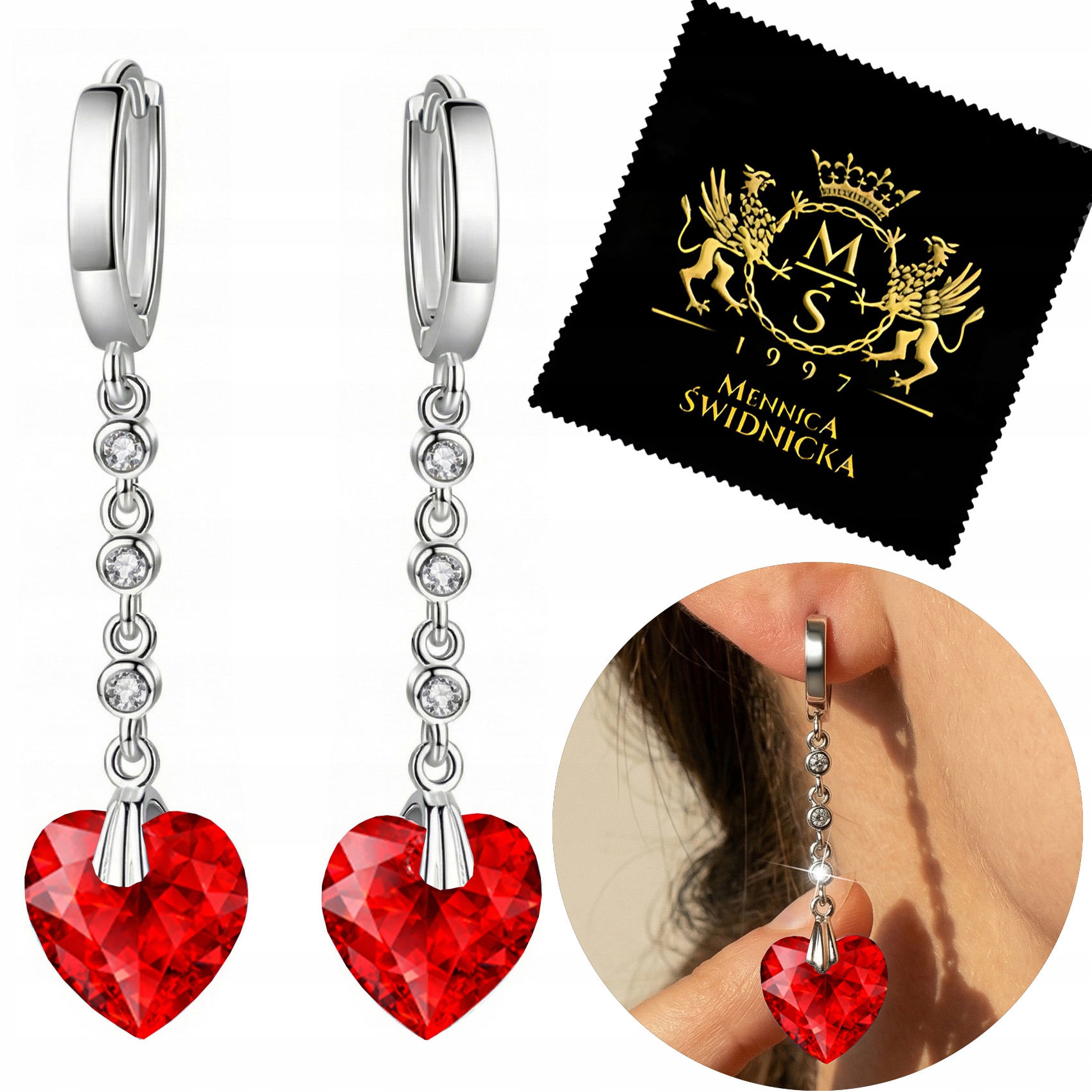 Dlouhé Náušnice Stříbro 925 Srdce Závěsné Zirkony Srdce Anglické zapínání