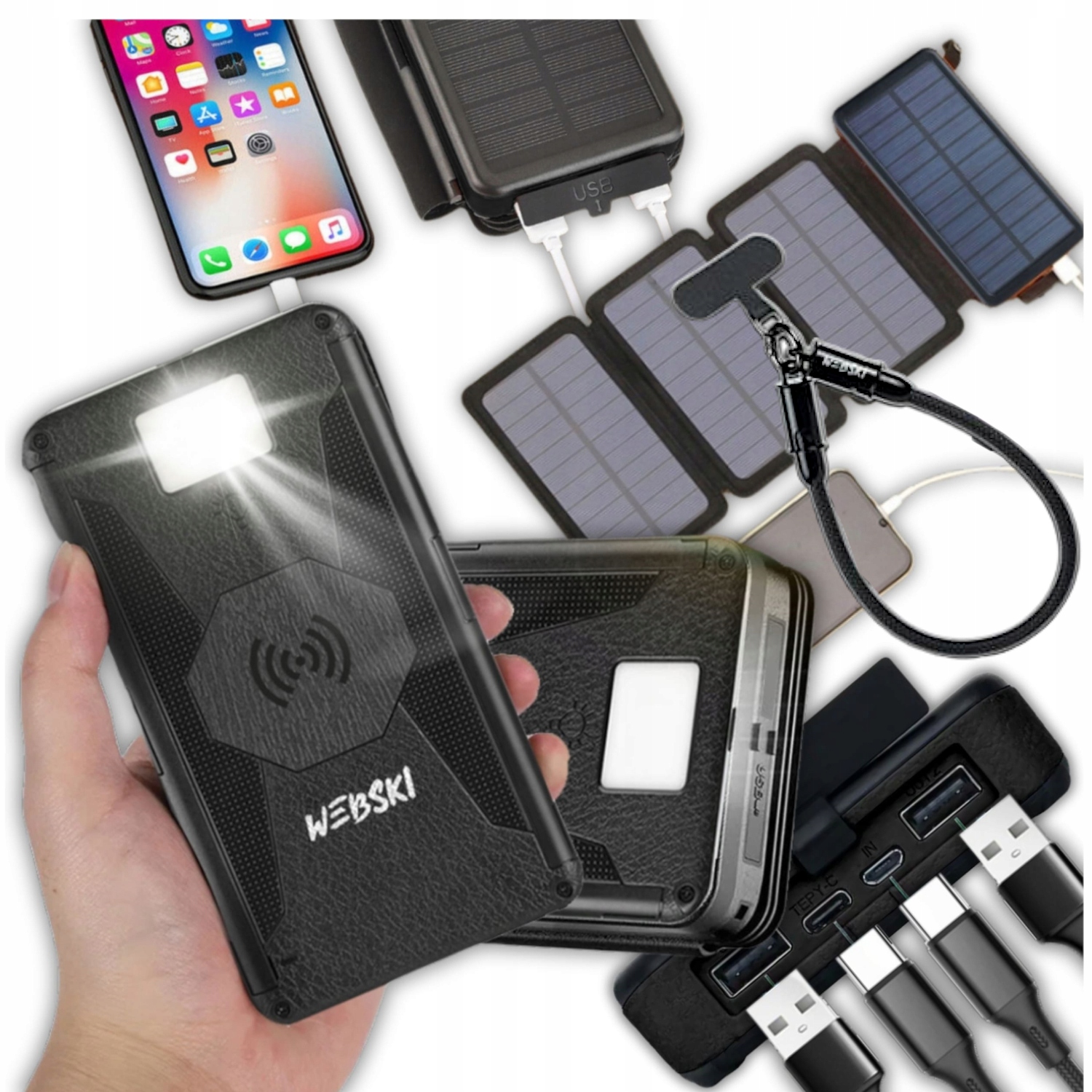 Solární Powerbanka 20000 mAh Solární Indukční Nabíječka Pro Telefon Usb Kabel