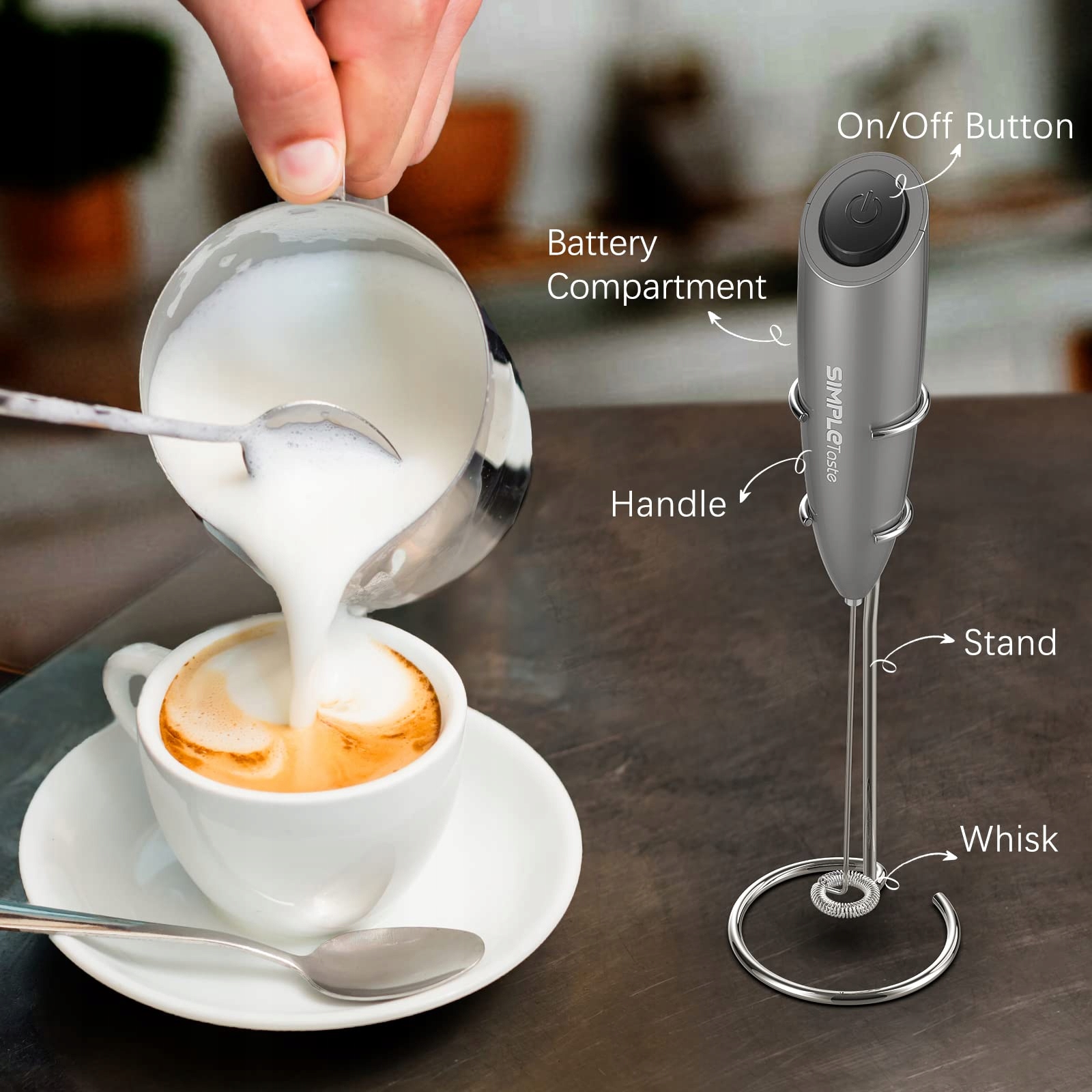 SIMPLETASTE Elektryczny Spieniacz Do Mleka Ręczny Do Cappuccino Latte — miniatura 4