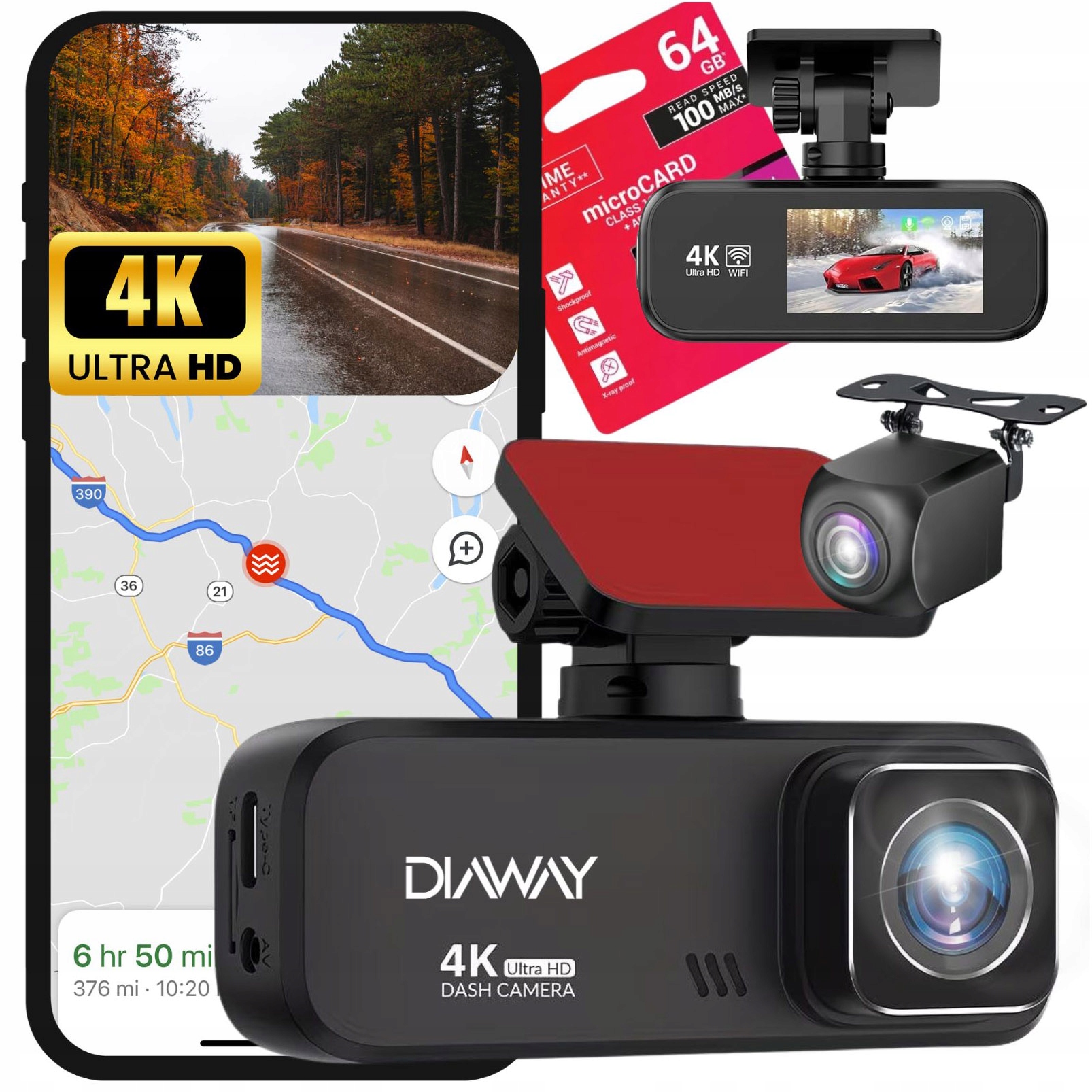 KAMERA SAMOCHODOWA WIDEOREJESTRATOR 4K WiFi GPS + TYLNA DUAL 1080P PARKING