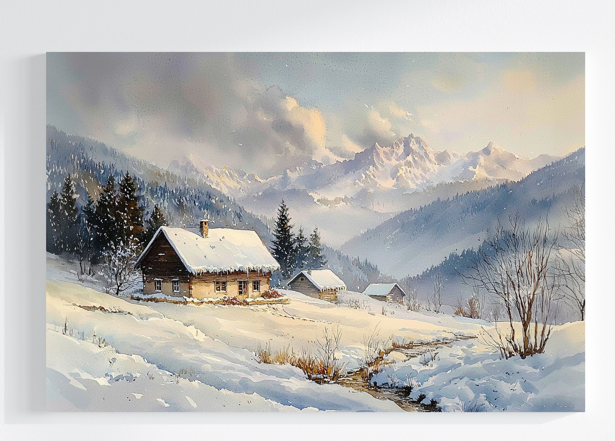 Obraz Na Plátně Canvas Krajina Hory Vrcholy Domky Zima Sníh Mlha 120x80