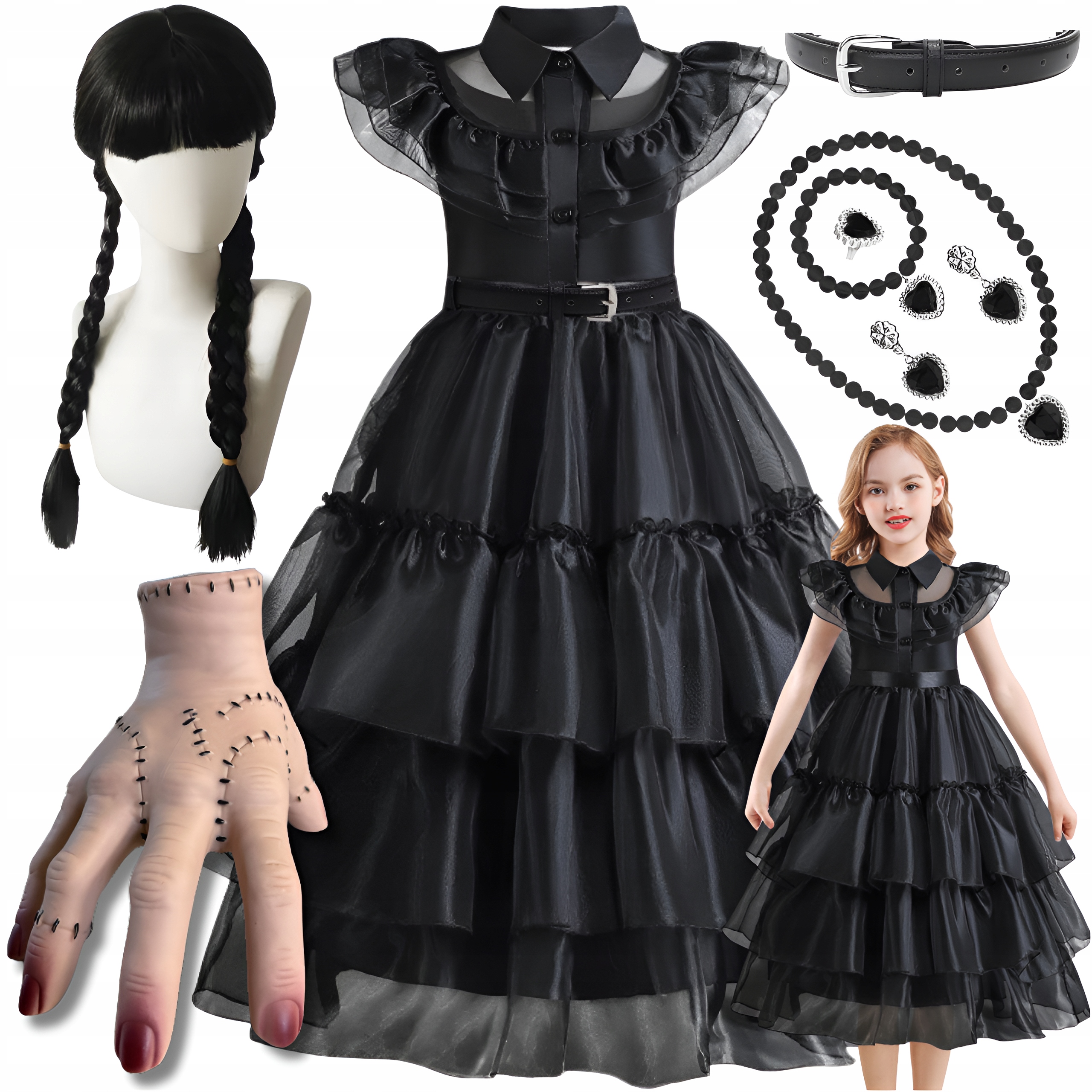 Strój Wednesday Addams Peruka Rączka Sukienka Kostium Halloween 128-134