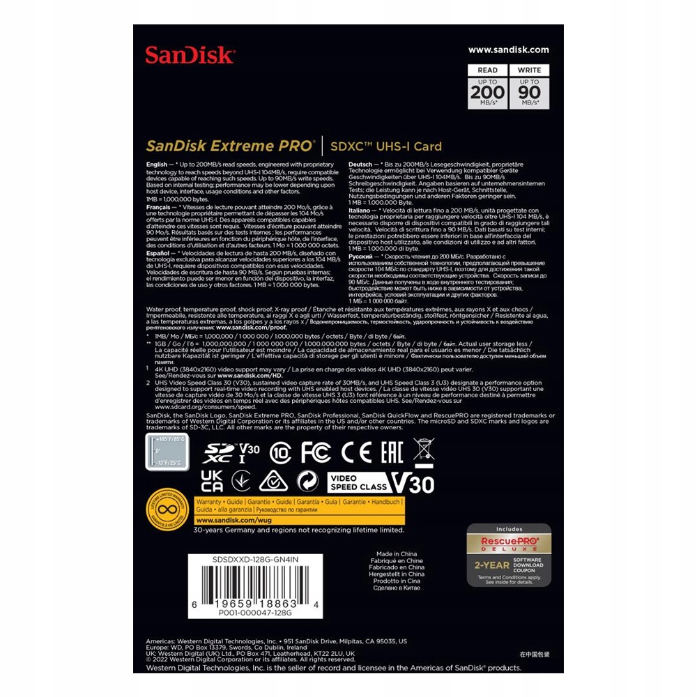 Sandisk SDXC EXTREME PRO 128GB 200MB/s UHSI V30 U3 Pojemność karty 400 GB