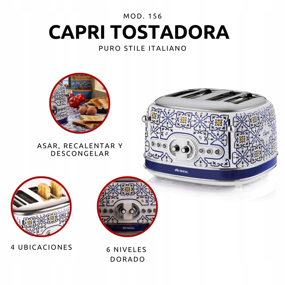 ARIETE Toster 156 Capri Cztery Szczeliny 6 Poziomów Opiekania 1630W — miniatura 5