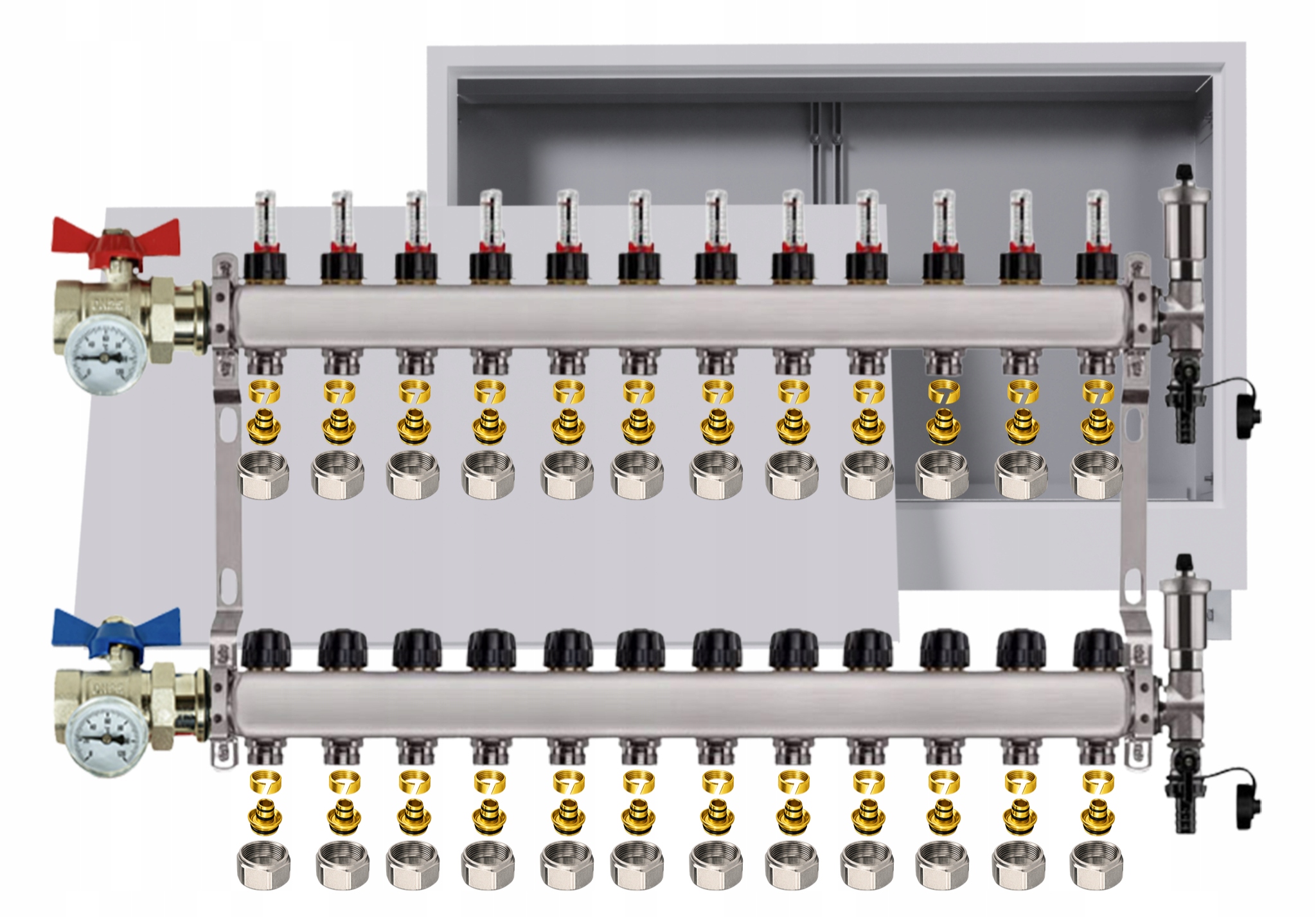 Rozdělovač nerezový Podlahovky 12 okruhů Podomítková skříňka Pex