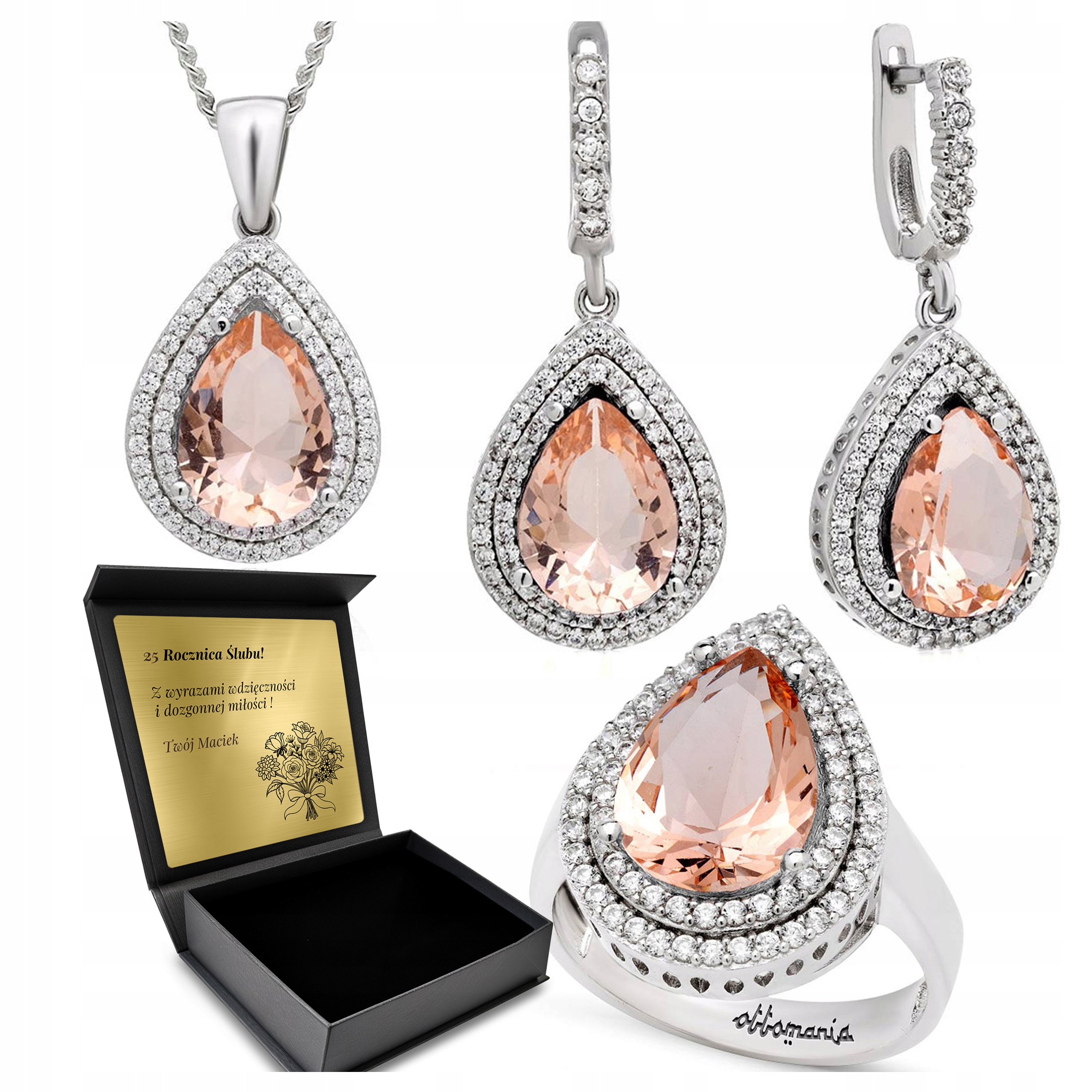 Sada Stříbrných Šperků 925 Zirkony Morganit Sada Pro Ženu Gravírování