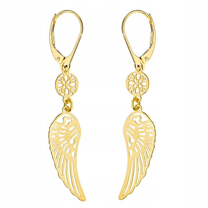 Piękne Złote Kolczyki 333 Wiszące Skrzydła Anioła