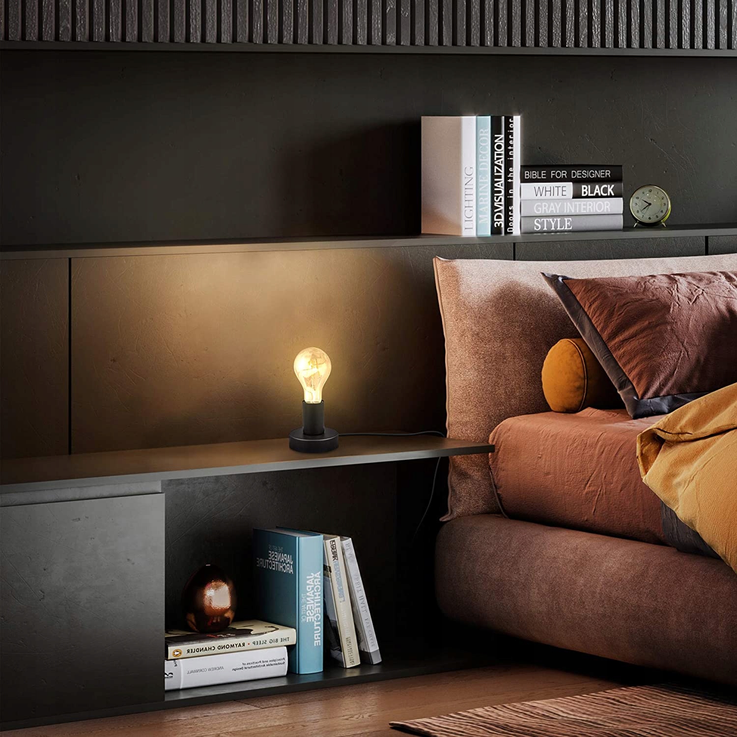 LAMPKA NOCNA - RETRO - CZARNA - SYPIALNIA - 1x E27 Długość/wysokość 8.9 cm