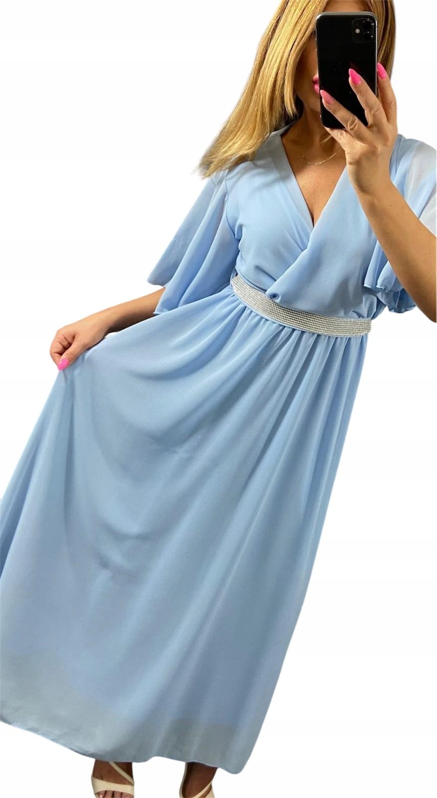 V0004 Elegantní Šaty Perla S Ozdobným Páskem Modrá vel. 44 (2XL)