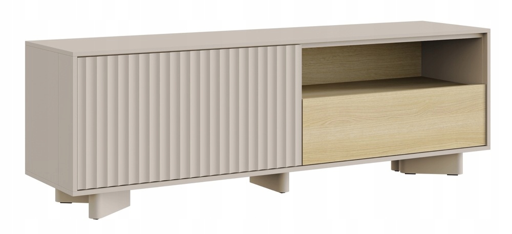 Szafka RTV Distria szuflada i ryflowany front 140 cm kaszmir/dąb vicenza