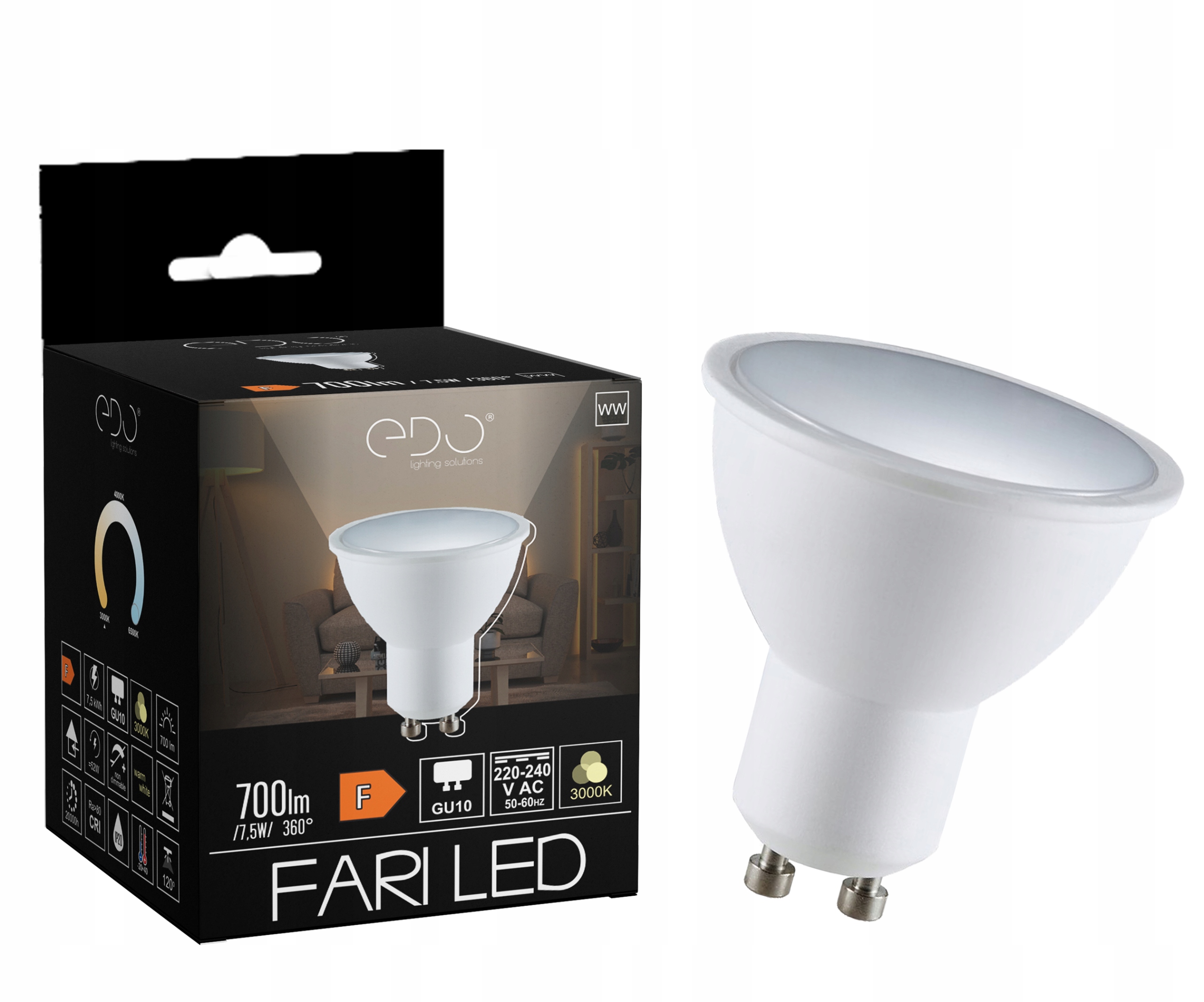 

Żarówka Led GU10 7,5W 3000K ciepła 120' 700lm Edo