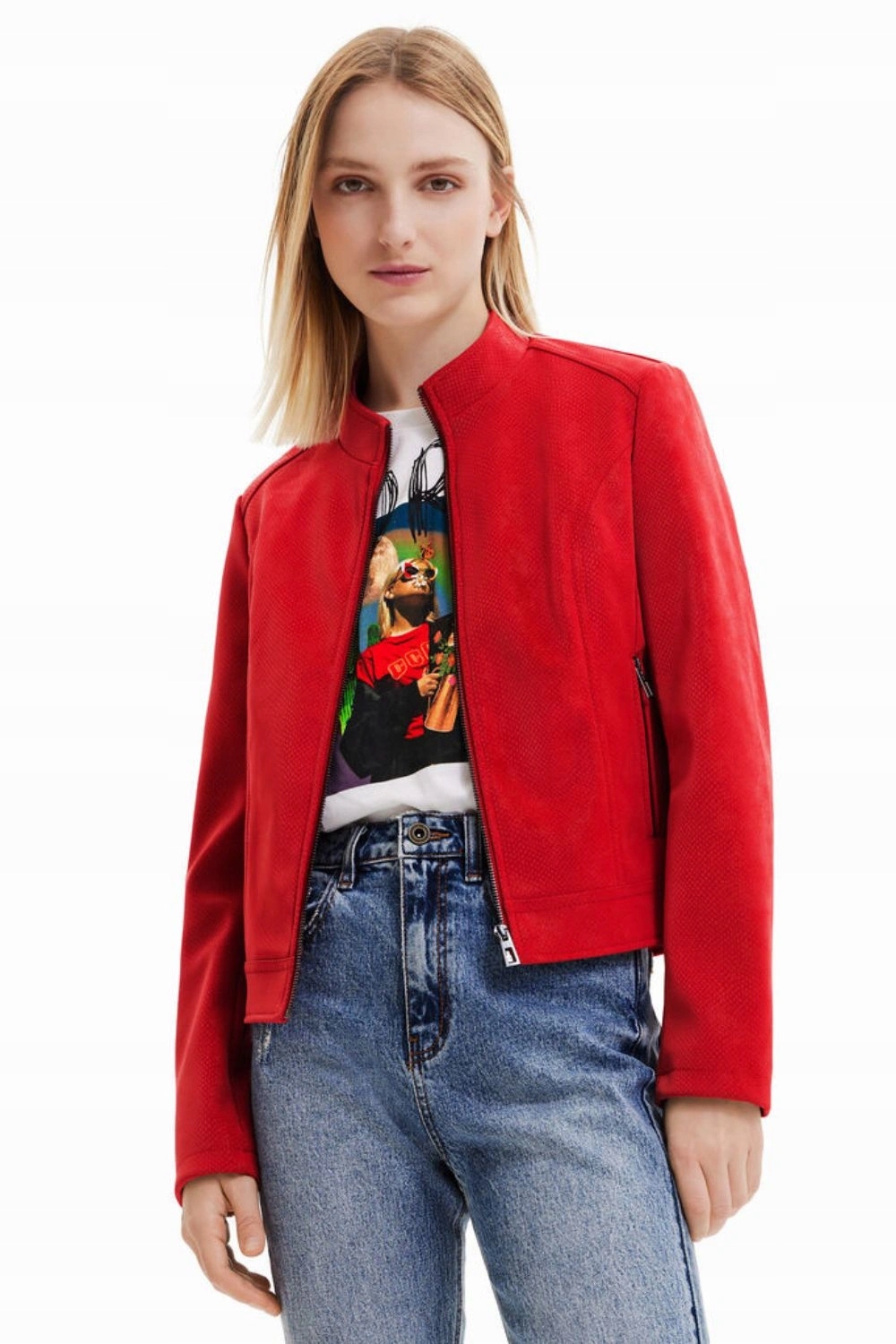 Dámská bunda Desigual semišová z eko kůže červená ramoneska vel.