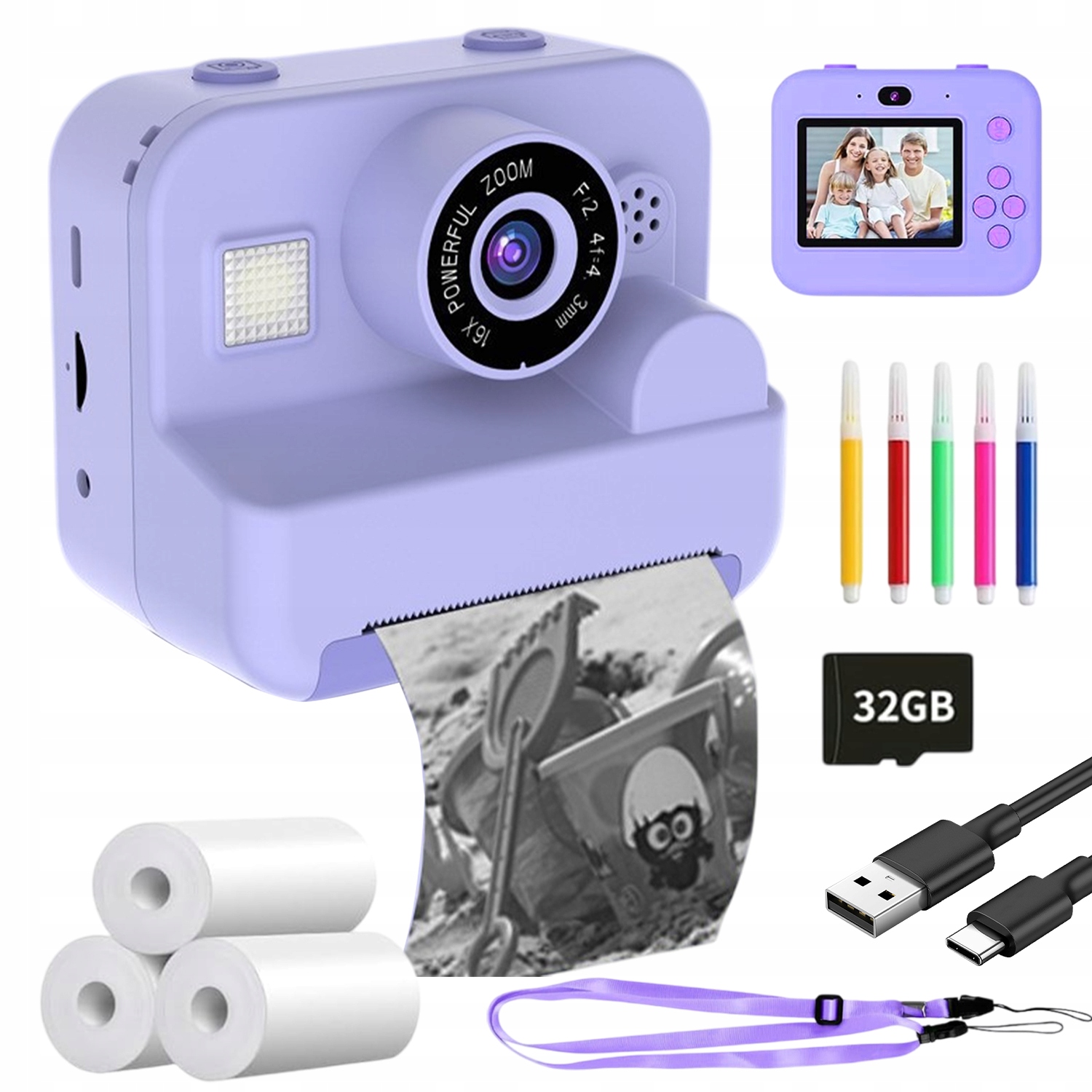 Dětský instantní fotoaparát s 32GB kartou, papírová tiskárna, sada