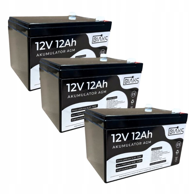 3x Akumulátor Agm 12V 12Ah Biaks (rozmer 10Ah 14Ah 15Ah) pre Cctv Ups alarm