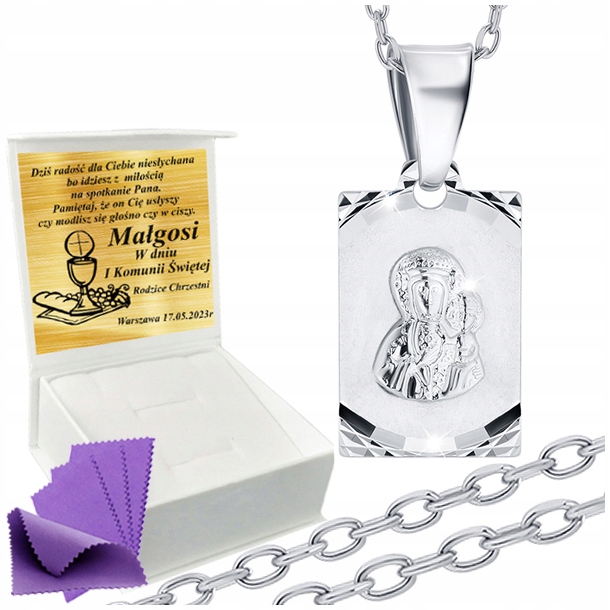 Łańcuszek Srebrny Medalik Naszyjnik 925 Na Komunię Chrzest UPOMINEK GRATIS
