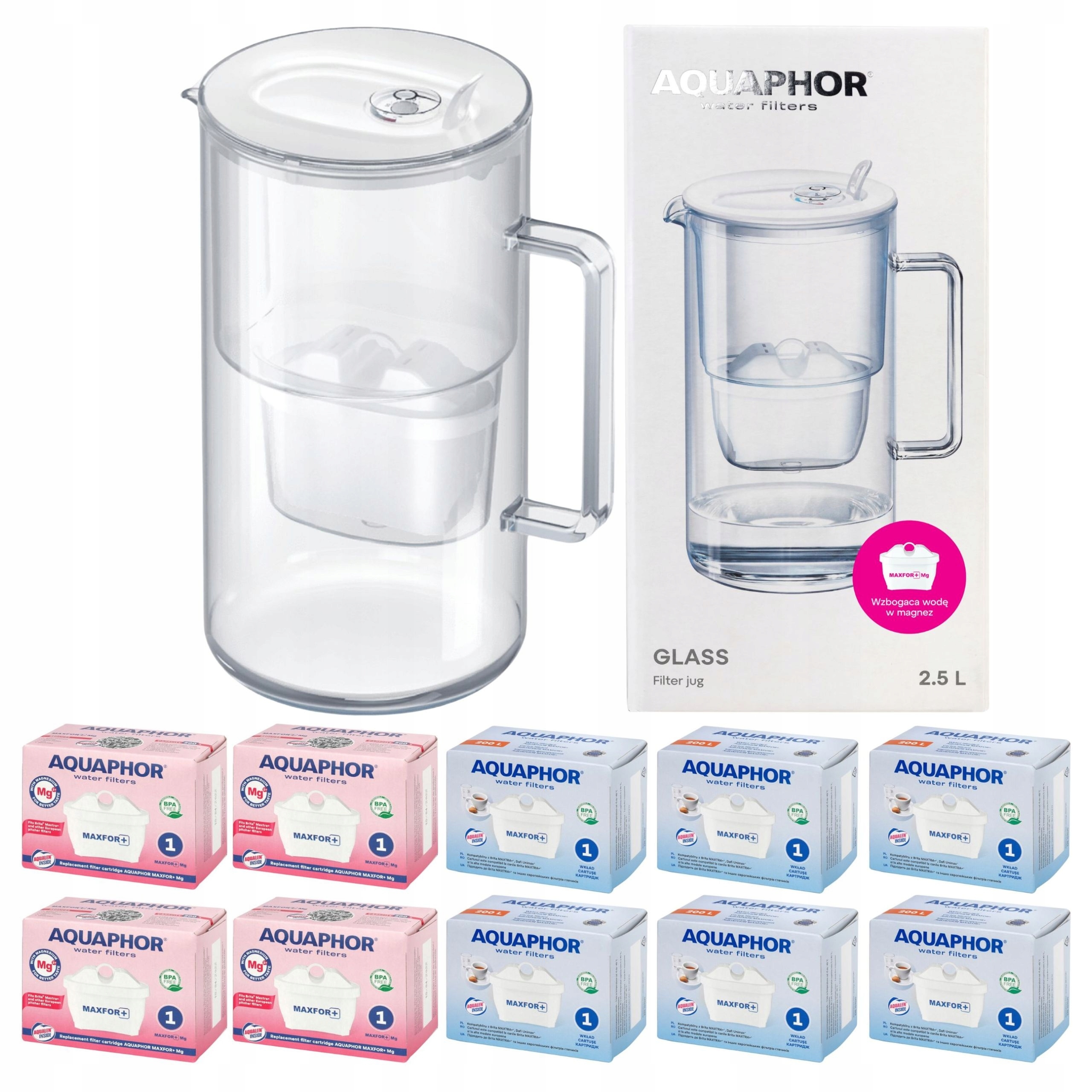 Skleněná filtrační konvice na vodu Aquaphor Glass bílá 10 filtrů (4Mg+6)