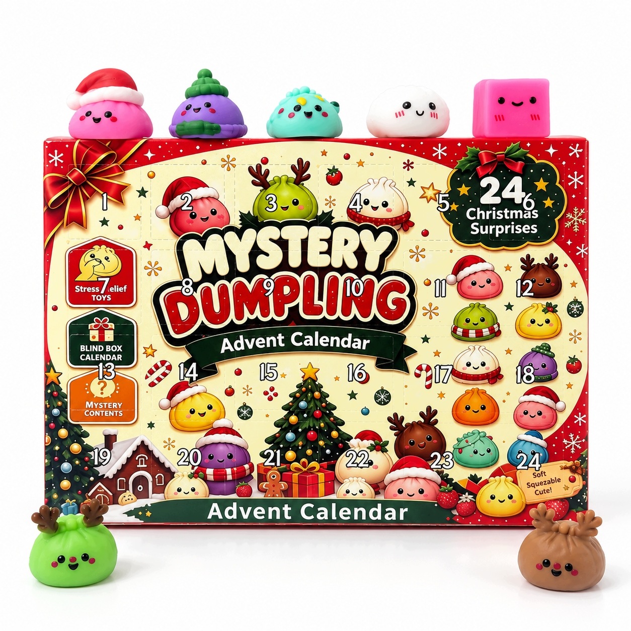 Адвент-календарь Mystery Dumpling, 24 мялки squishy, Санта-Клаус, олени и фрукты, от 3 лет