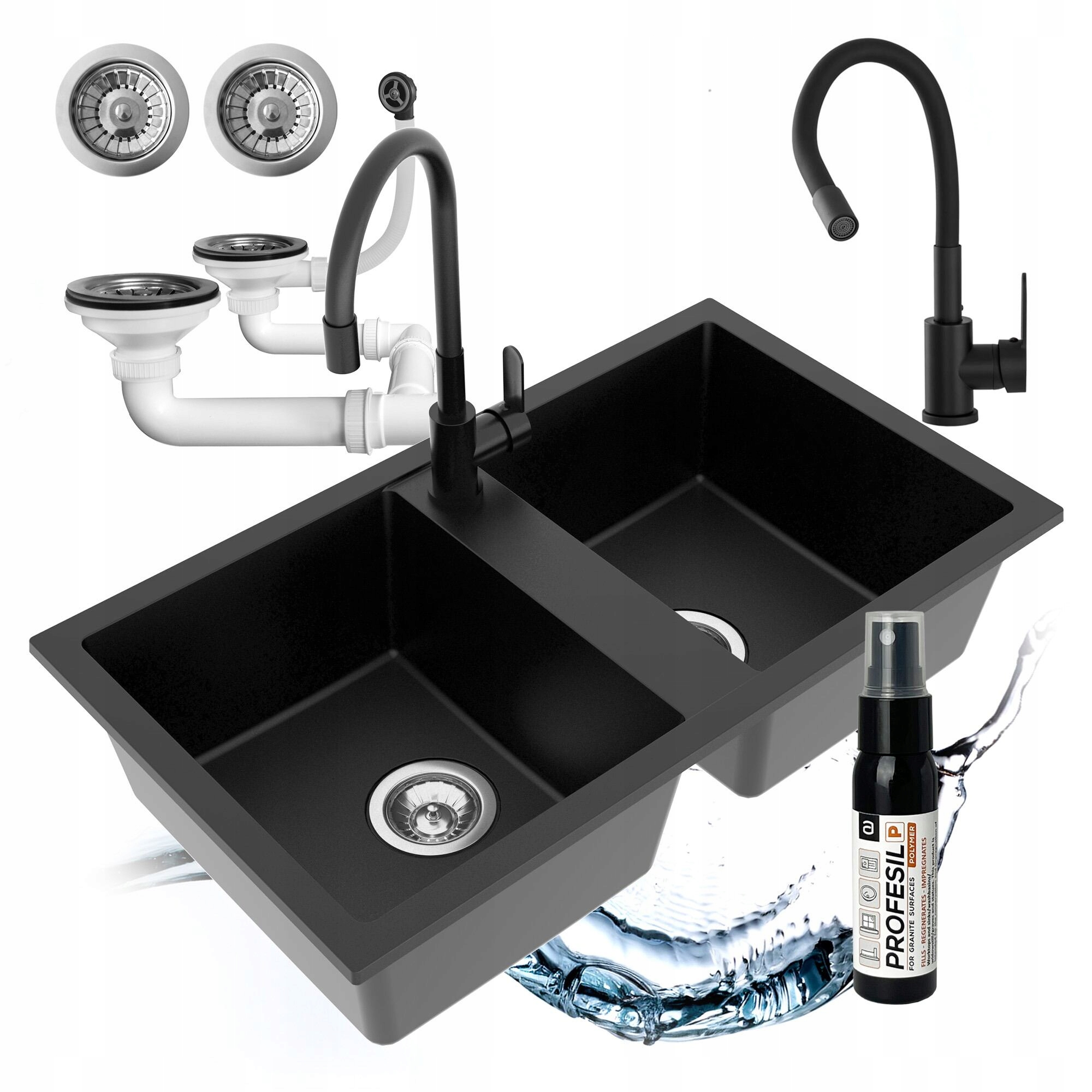 Granitový Kuchynský Drez, Dvojkomorový, Flexibilná Batéria, Sifón