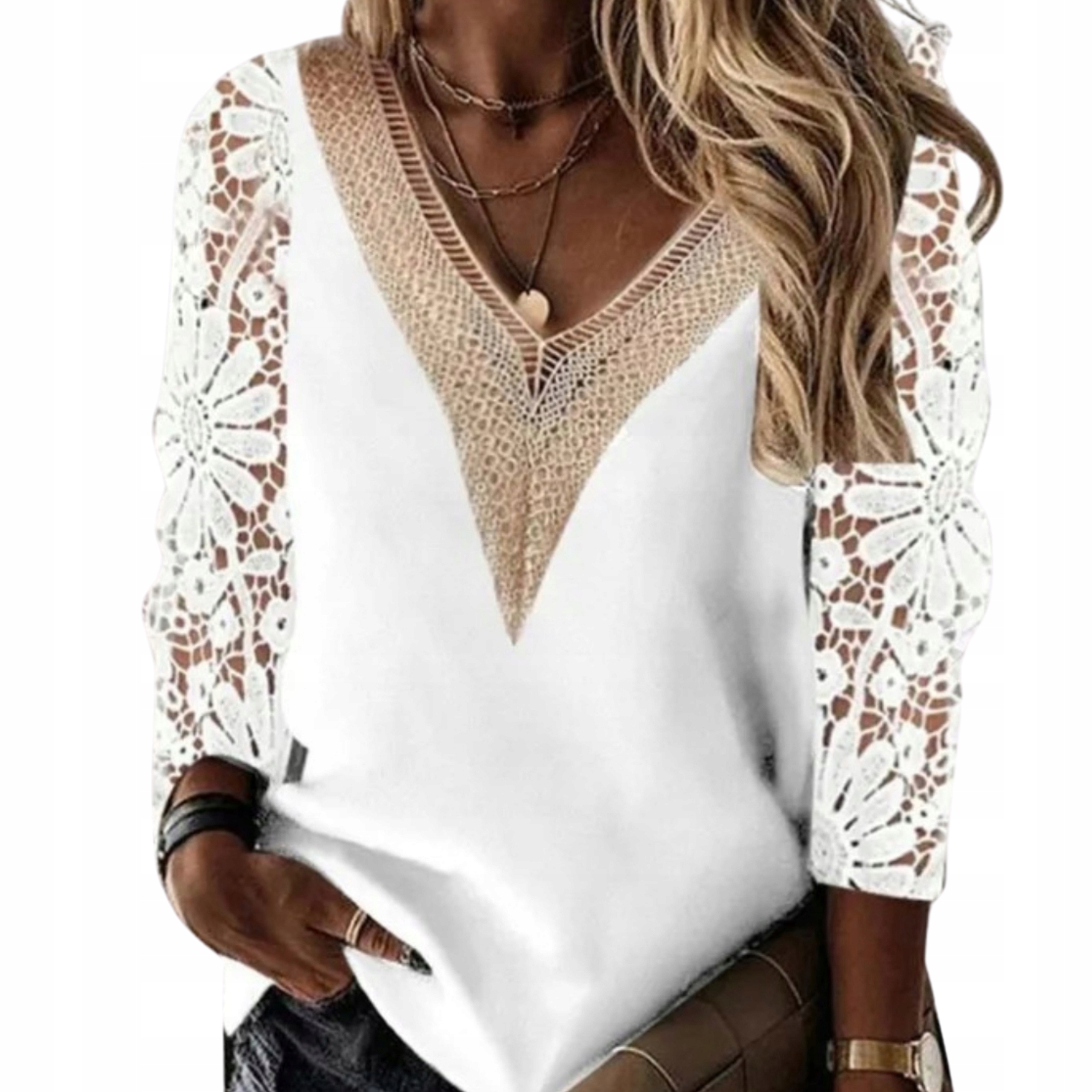 bluzka damska modna stylowa biała z koronką i kwiatowymi wzorami